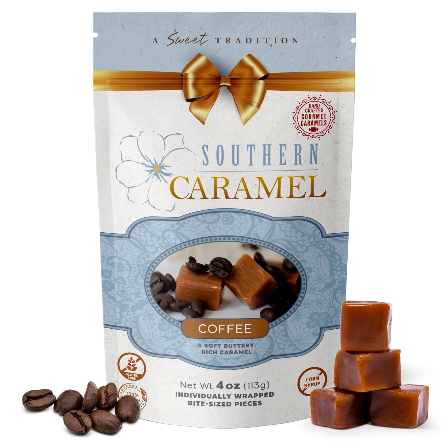 Southern Caramel Coffee Caramels, Soft Buttery Gourmet Caramel Candy Infused with Rich Coffee Flavor, Handcrafted, Small Batch, Gluten Free, No Corn