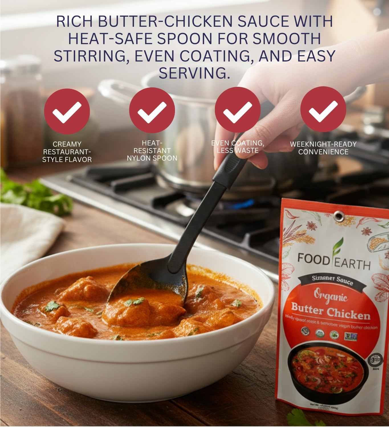 Sauce Simmer Butter Chicken, 10.58 OZ Bundle with Black Nylon Basting Spoon - Rich Tomato and Coconut Cream Blend with Mild Spices, Great for Easy