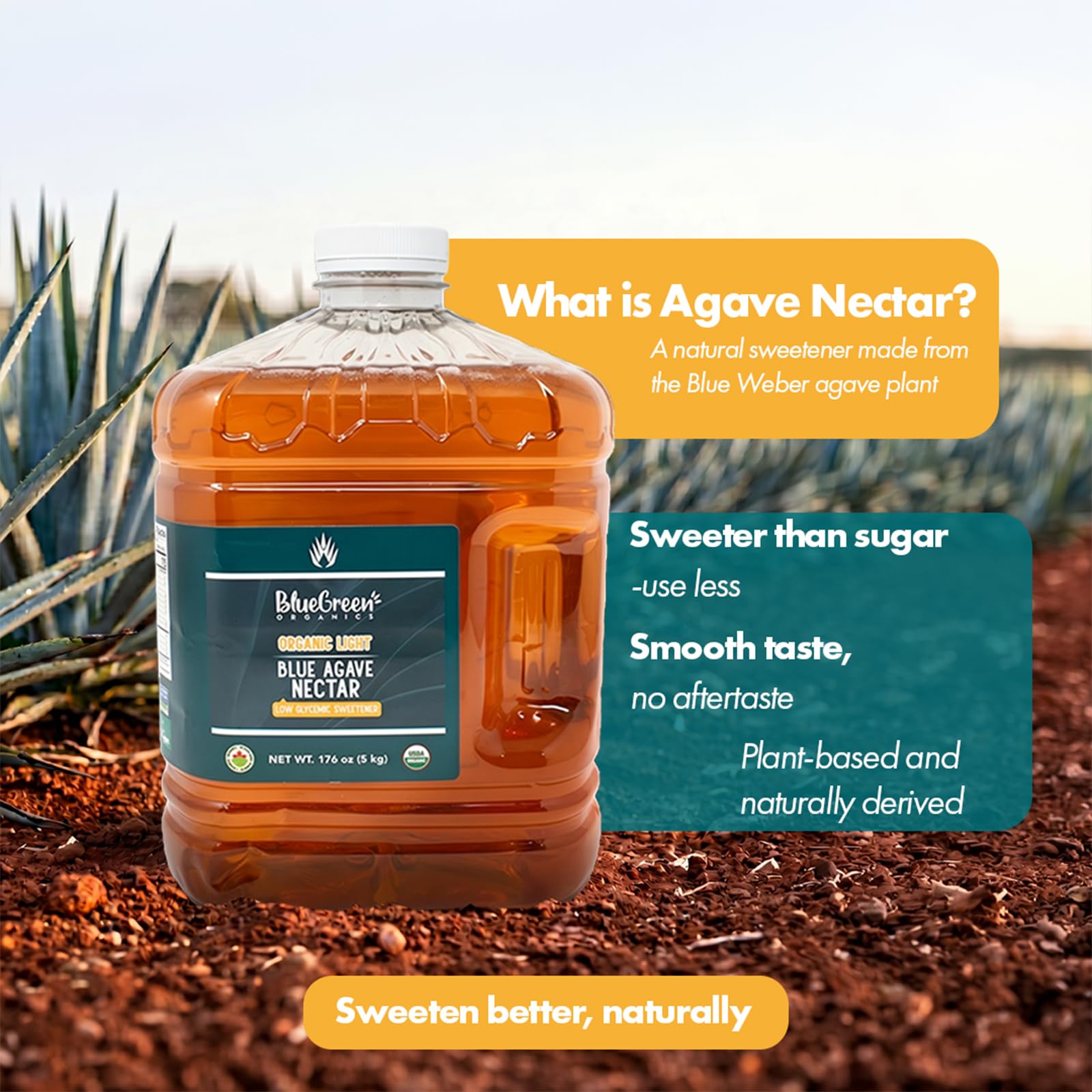 BLUE GREEN ORGANICS Light Organic Blue Agave (176 oz) - Mild Neutral Sweetener for Drinks & Cooking, Vegan, Non-GMO, Bulk Size