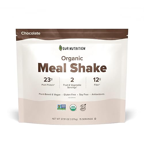 Sur Nutrition Organic Meal Replacement Shake - 23g Plant Protein, 12g Fiber, Gut Health Support, Vegan (Chocolate)