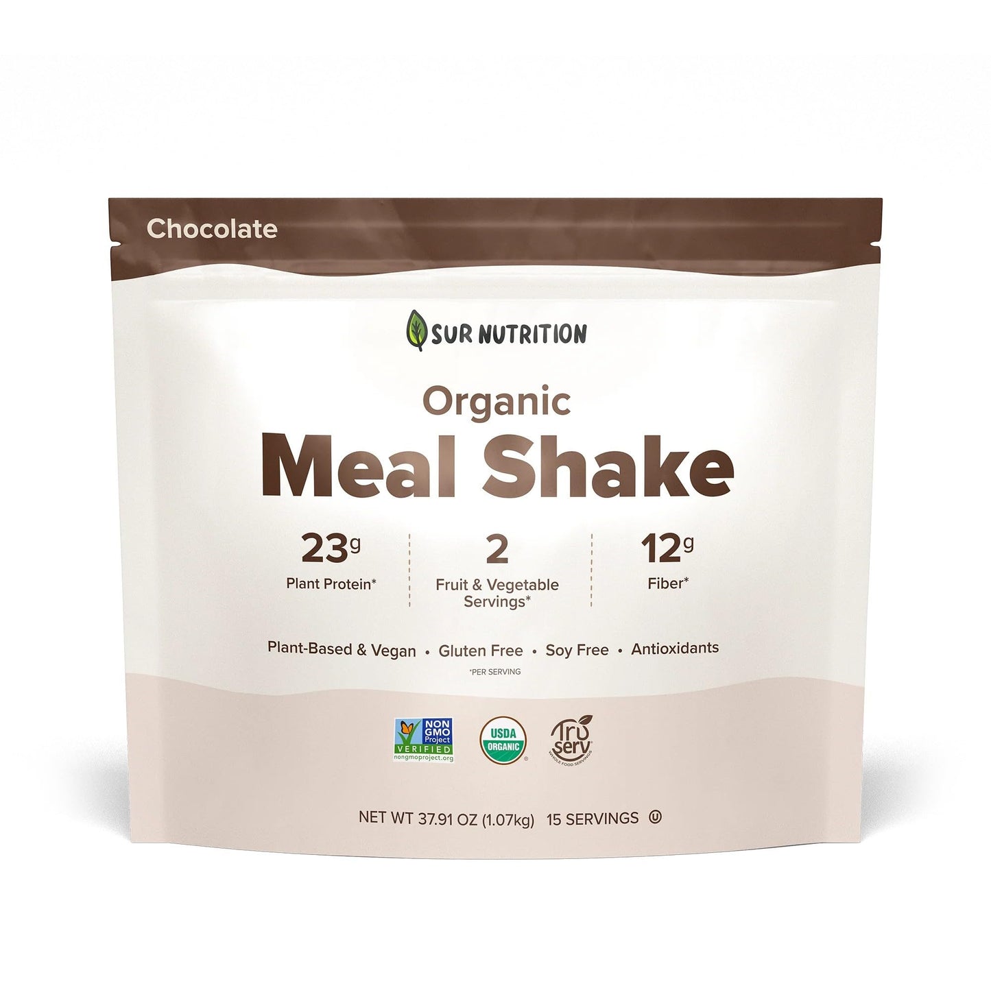 Sur Nutrition Organic Meal Replacement Shake - 23g Plant Protein, 12g Fiber, Gut Health Support, Vegan (Chocolate)