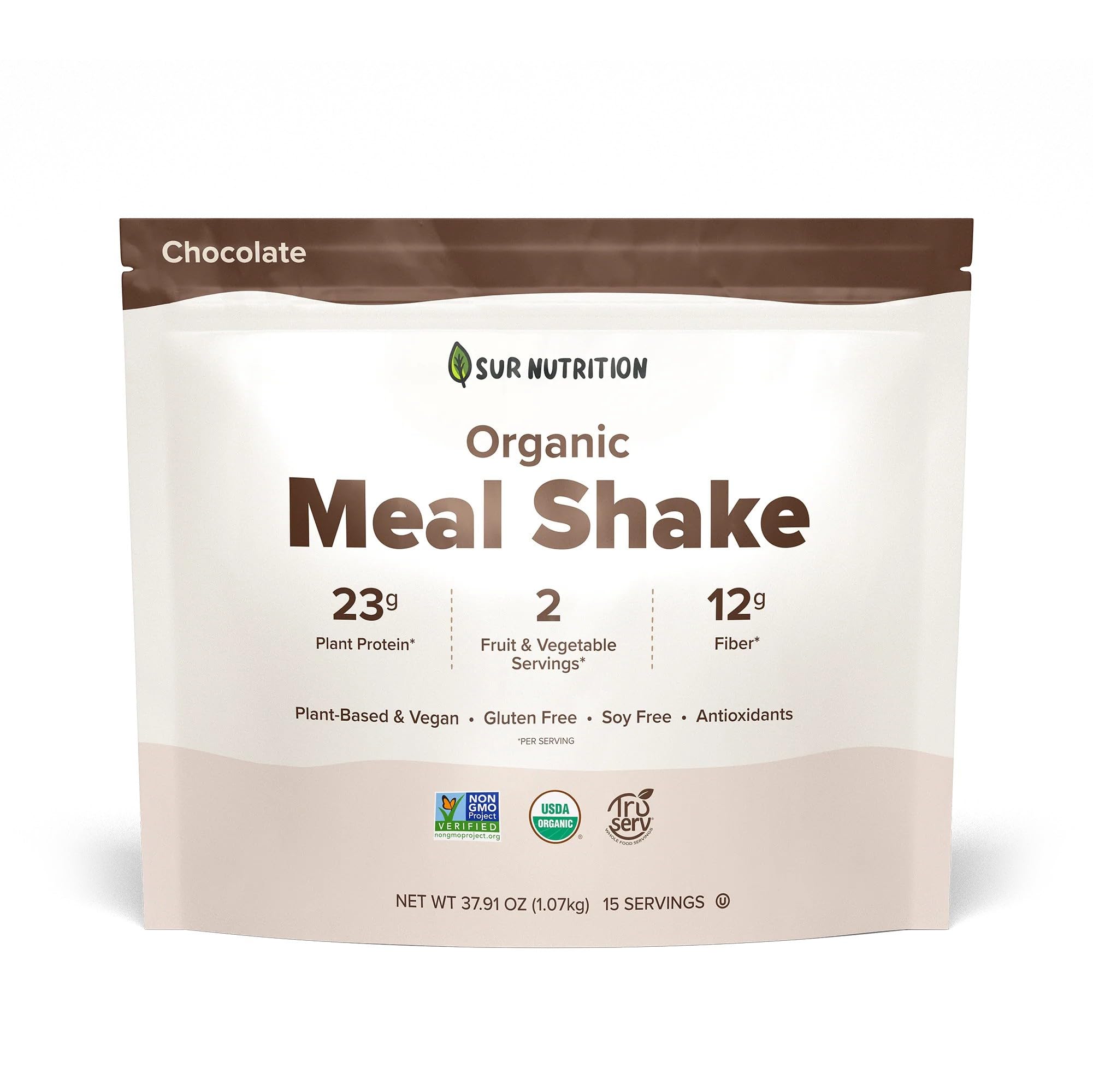 Sur Nutrition Organic Meal Replacement Shake - 23g Plant Protein, 12g Fiber, Gut Health Support, Vegan (Chocolate)