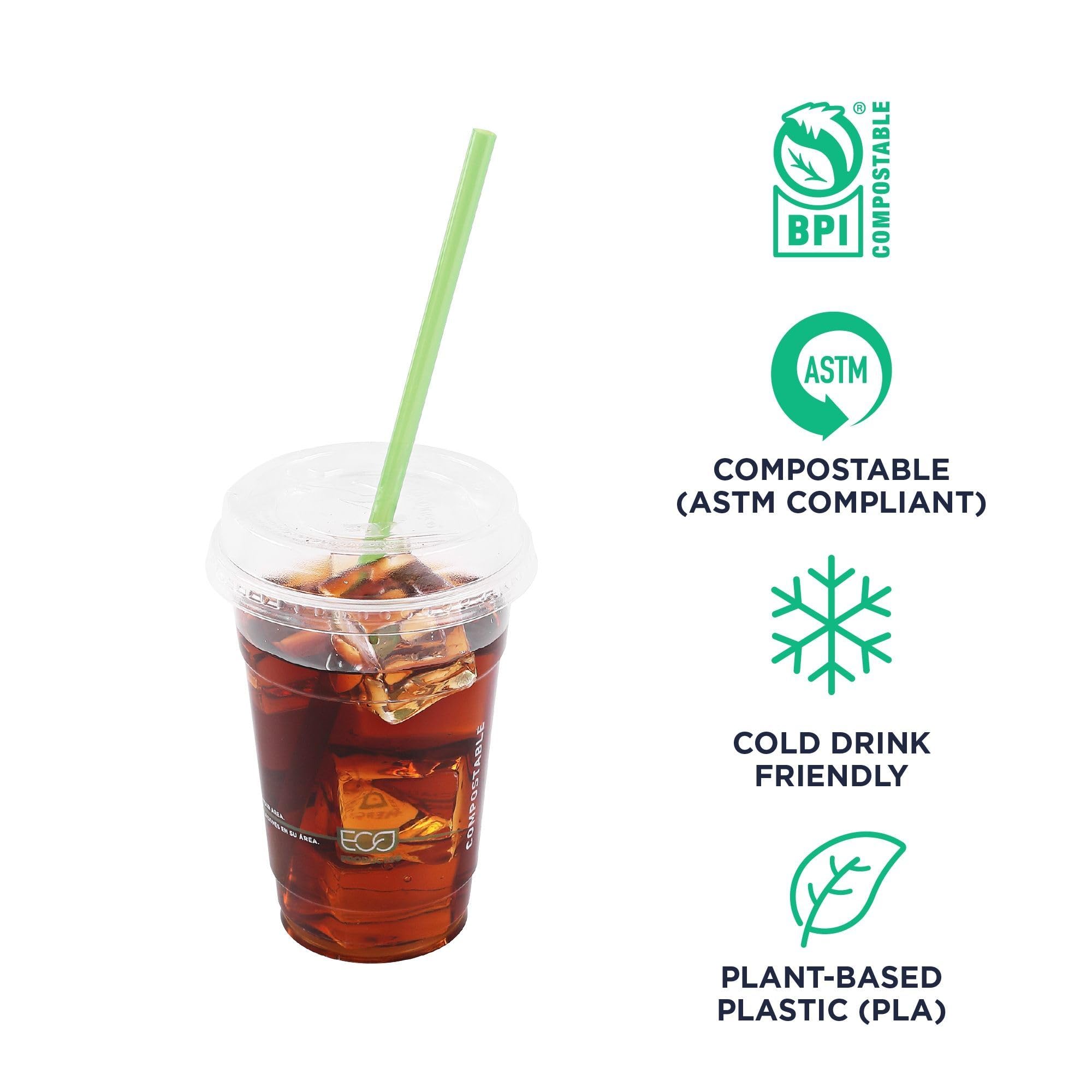 Eco-Products GreenStripe Compostable Plastic Cup Flat Lids, Case of 1000, Perforated Straw Hole, Fits 7 & 10oz Cups, Made From PLA Renewable Plant