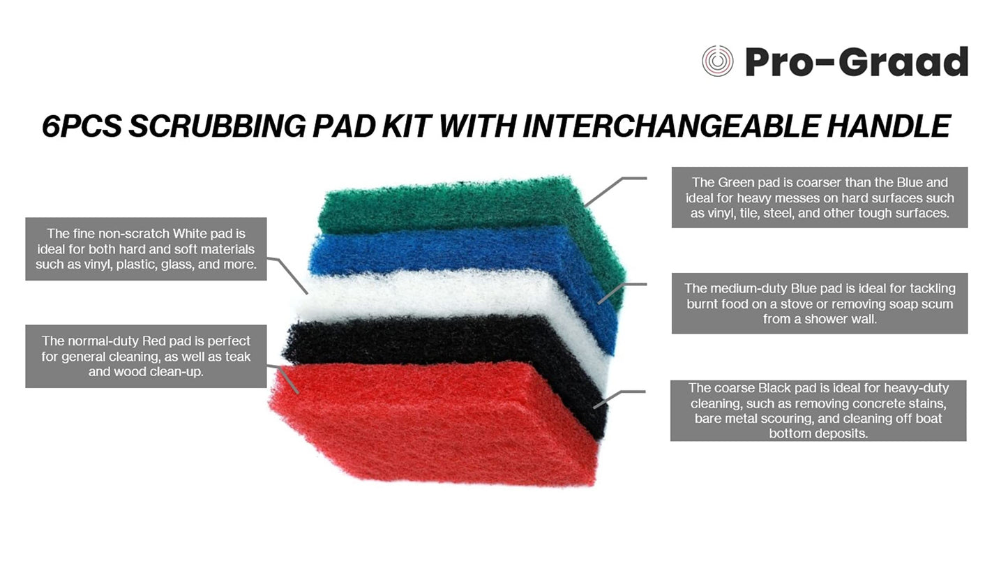 Pro-Graad 6pcs Scrubbing Pad Kit Interchangeable Reusable Handle | 5 Different Scrubbing & Scouring Pads: Red, White, Blue, Green, Black |