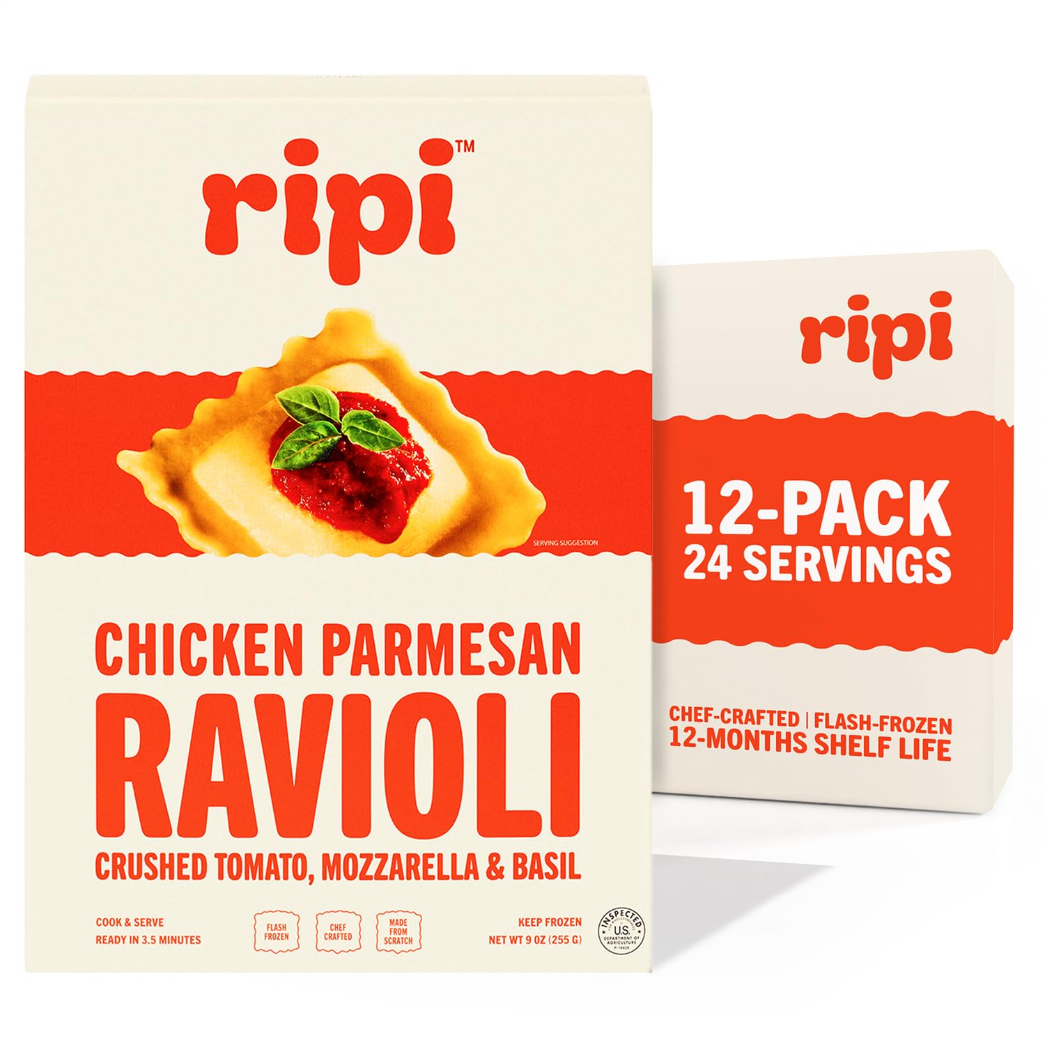 Ripi Chicken Parmesan Ravioli - Crushed Tomatoes, Mozzarella & Basil - Frozen Pasta Meal - Ready in Under 5 Minutes, 9oz packs (12 Pack, Chicken