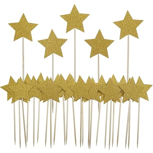 Gold Star Cake Cupcake Decorations Toppers Picks Supplies, Appetizer Picks, 30 Counting by Bilipala