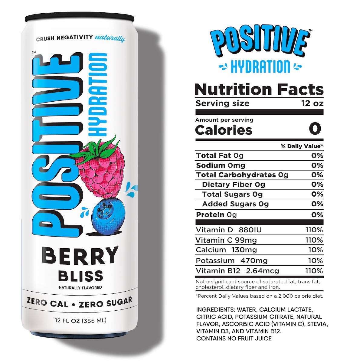 Positive Hydration Berry Bliss | 12-oz Cans (12-Pack) | Zero-Calorie Electrolyte Drink with Essential Vitamins, Calcium, and Hydration Support