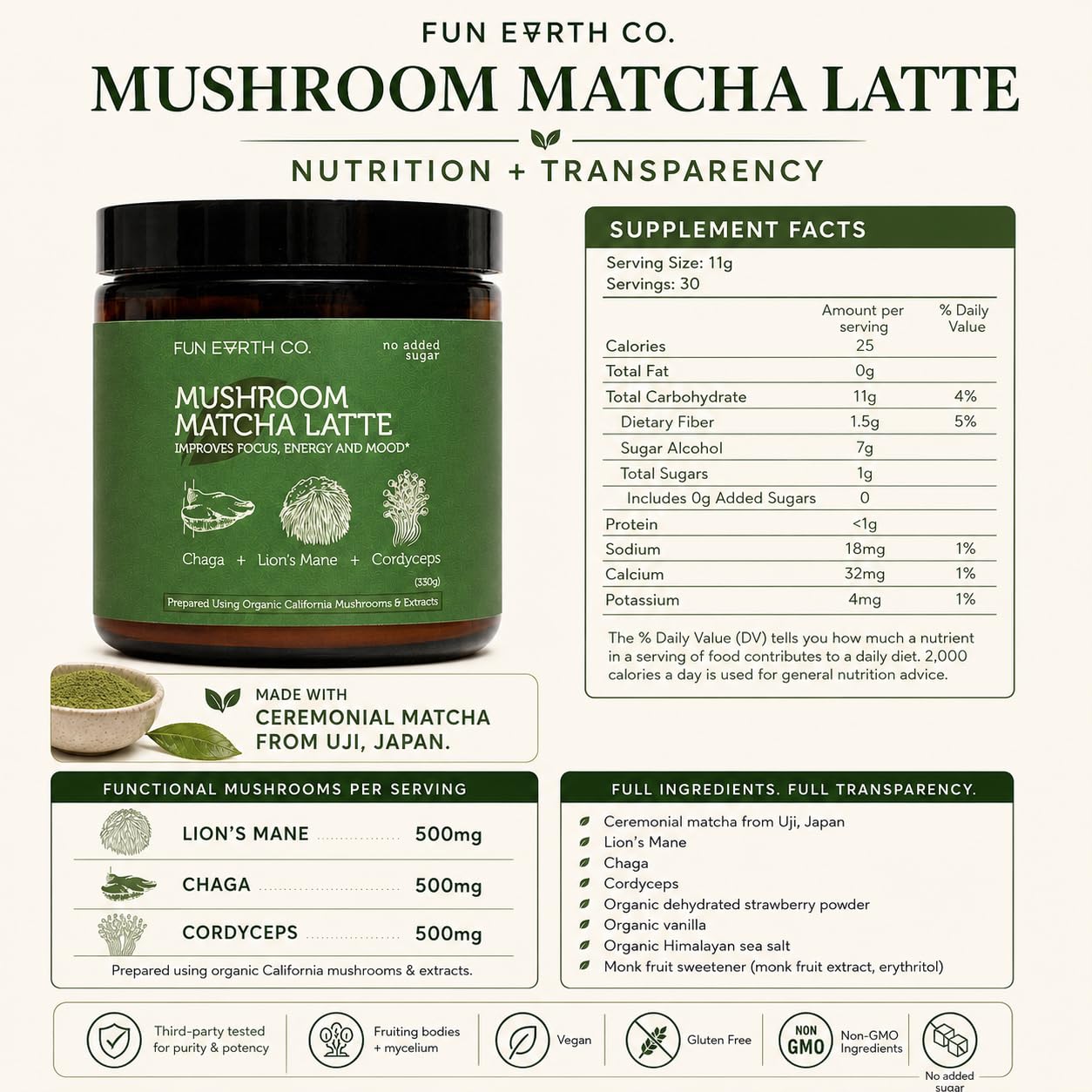 Fun Earth Matcha Mushroom Latte, Ceremonial Grade Matcha Blended with Lion’s Mane, Chaga and Cordyceps - Vanilla Strawberry Flavor for Smooth Energy