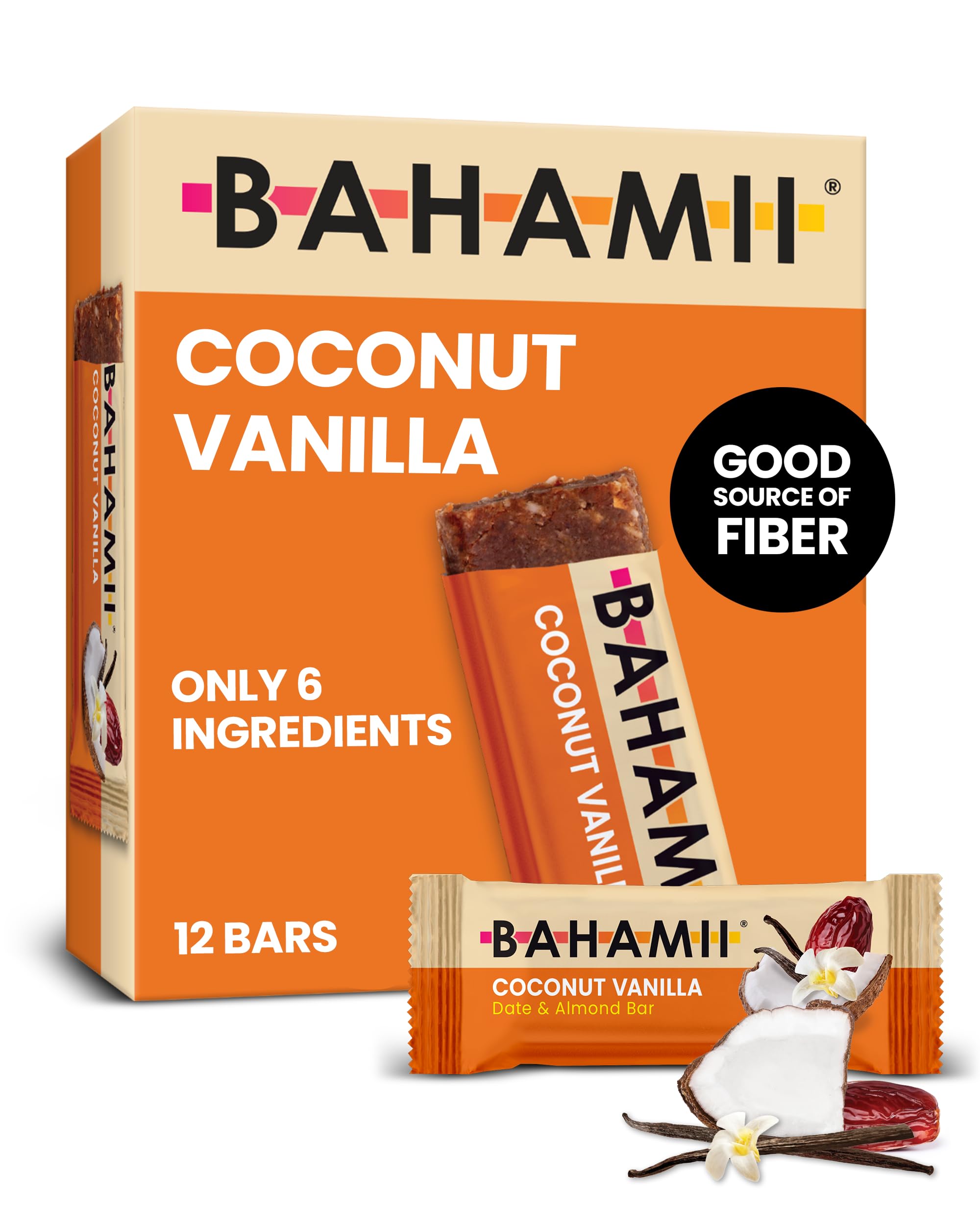 Bahamii Coconut Vanilla Date and Energy Bars, Healthy Snacks and Breakfast Bars for Kids and Adults, No Sugar Added, Gluten Free, High Fiber, Vegan