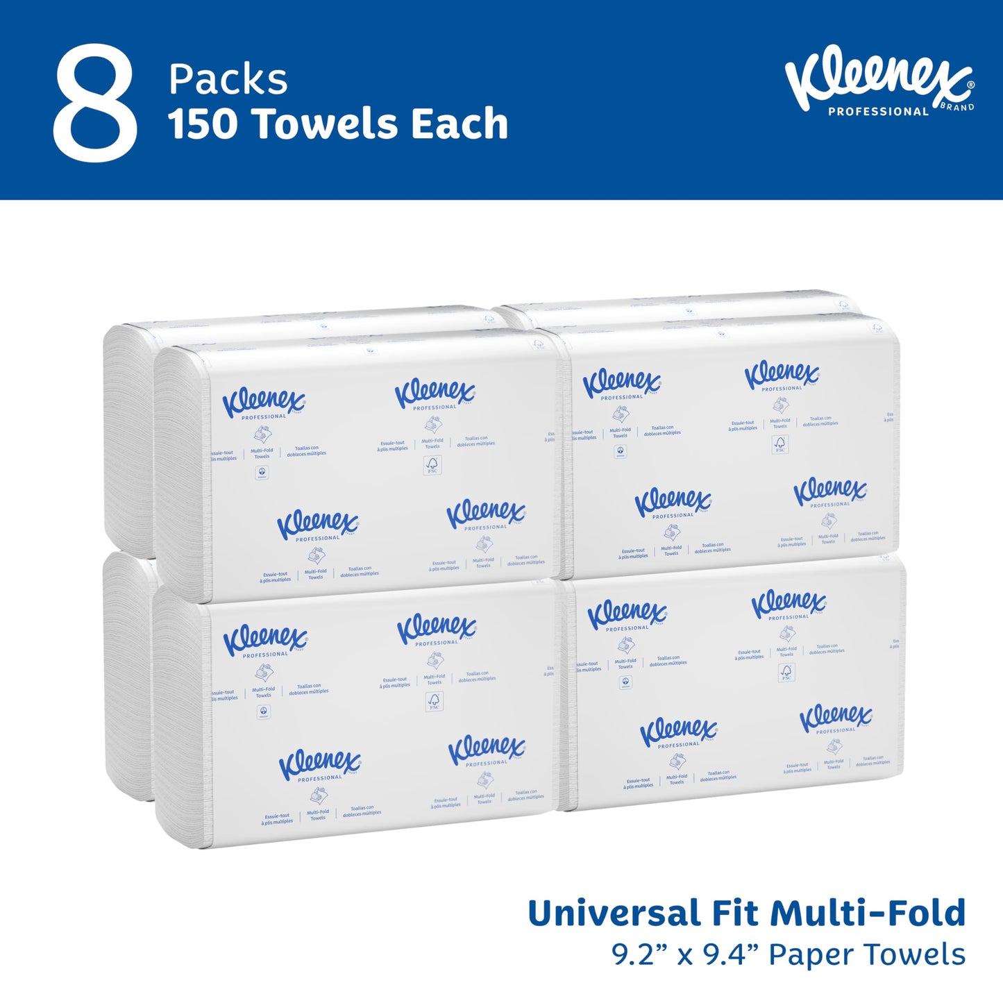 Kleenex Professional Universal Multifold Paper Towels, Bulk (02046), Absorbency Pockets, 9.2" x 9.4" Towel, White (150 Sheets/Pack, 8 Packs/Case