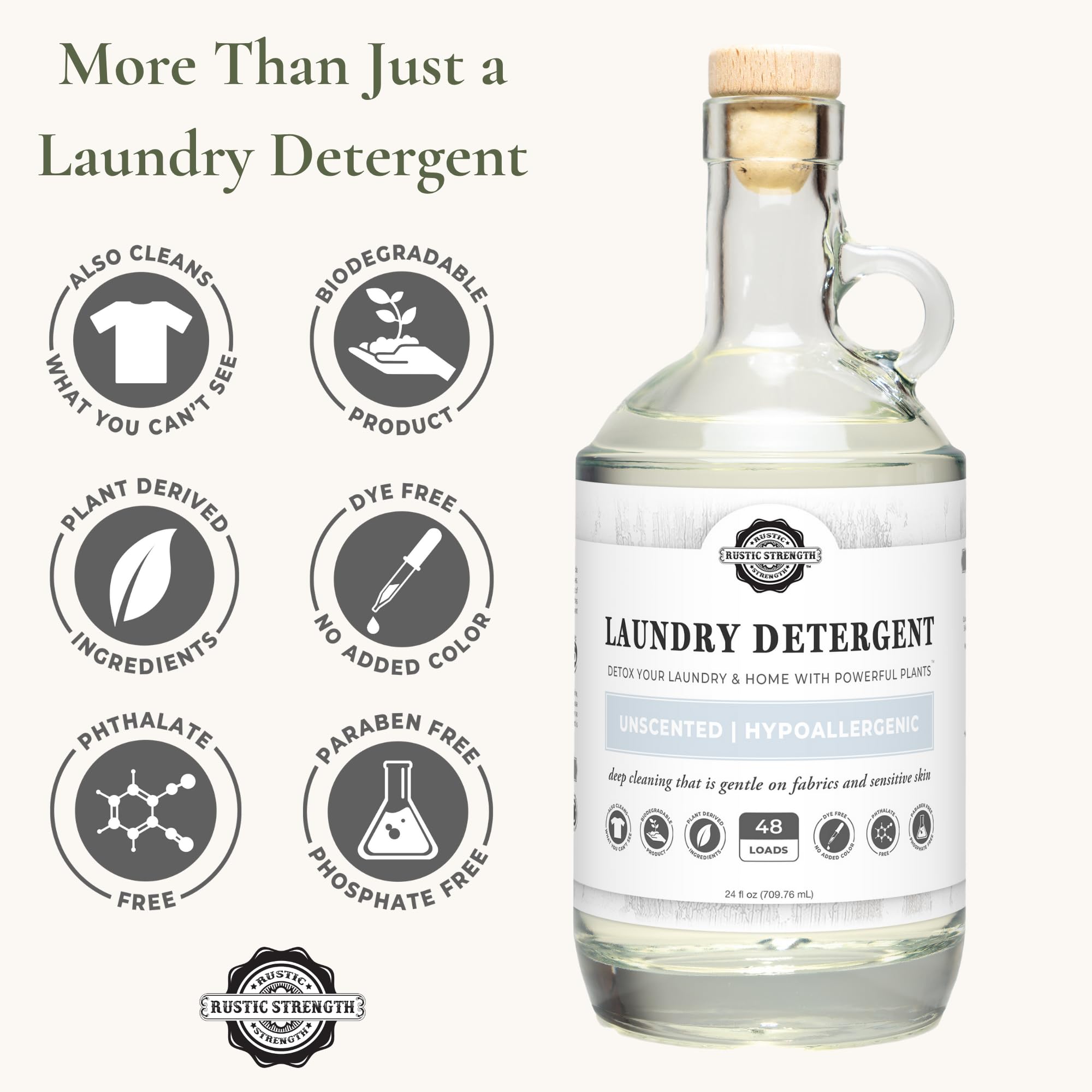 Rustic Strength Natural Laundry Detergent, Unscented, Sensitive Skin, HE Compatible, 24 oz Glass