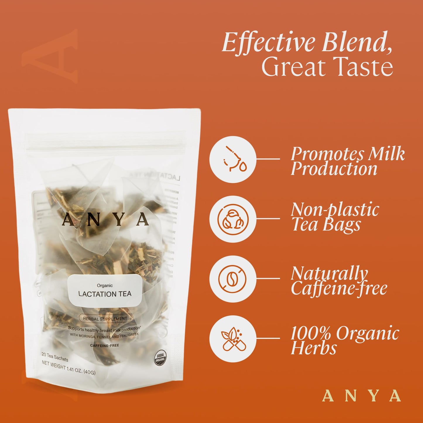ANYA Herbal Lactation tea, 20 bags - Ginger, Moringa, Fenugreek, Toxicologist-approved, Breastfeeding Safe. Organic Essentials hydration