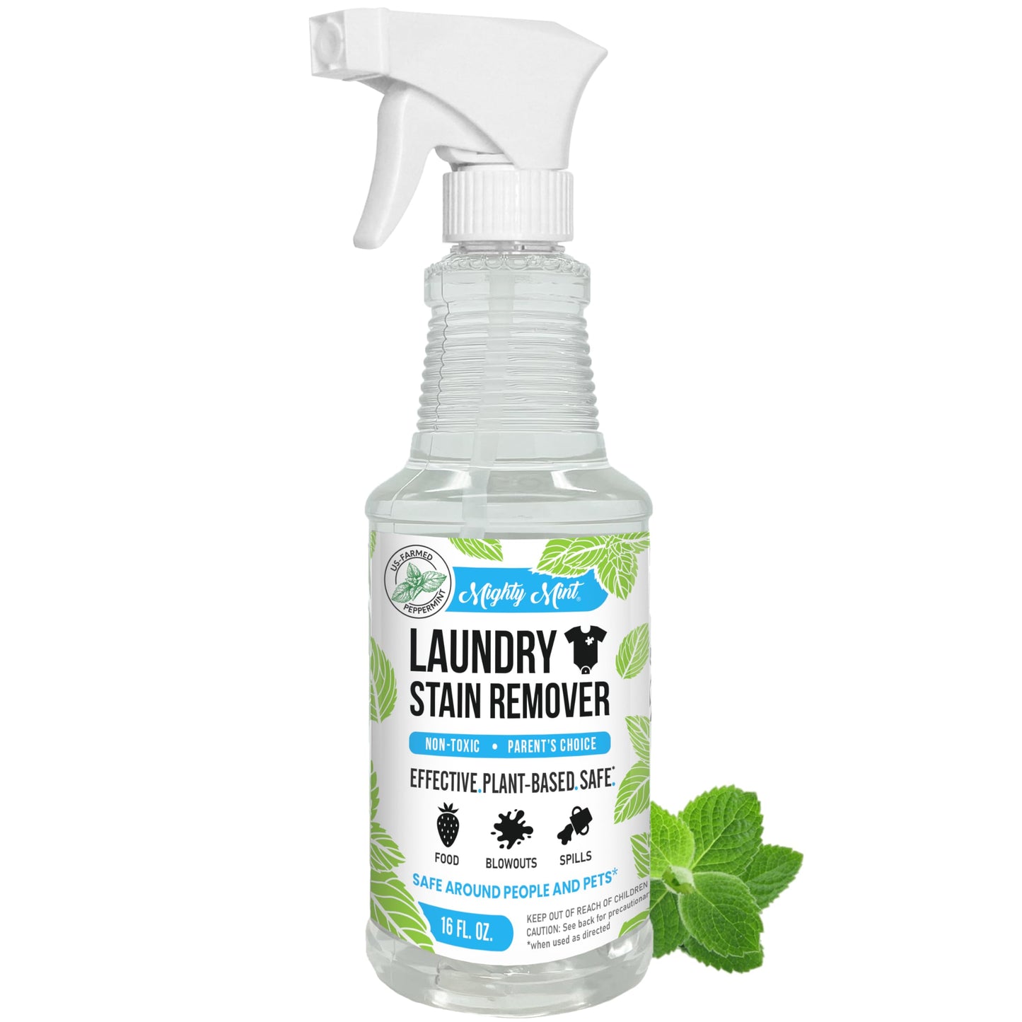 Mighty Mint Laundry Stain Remover, Parent’s Choice Spray for Stains from Food, Drink, Grease, Natural Peppermint Scent, 16oz