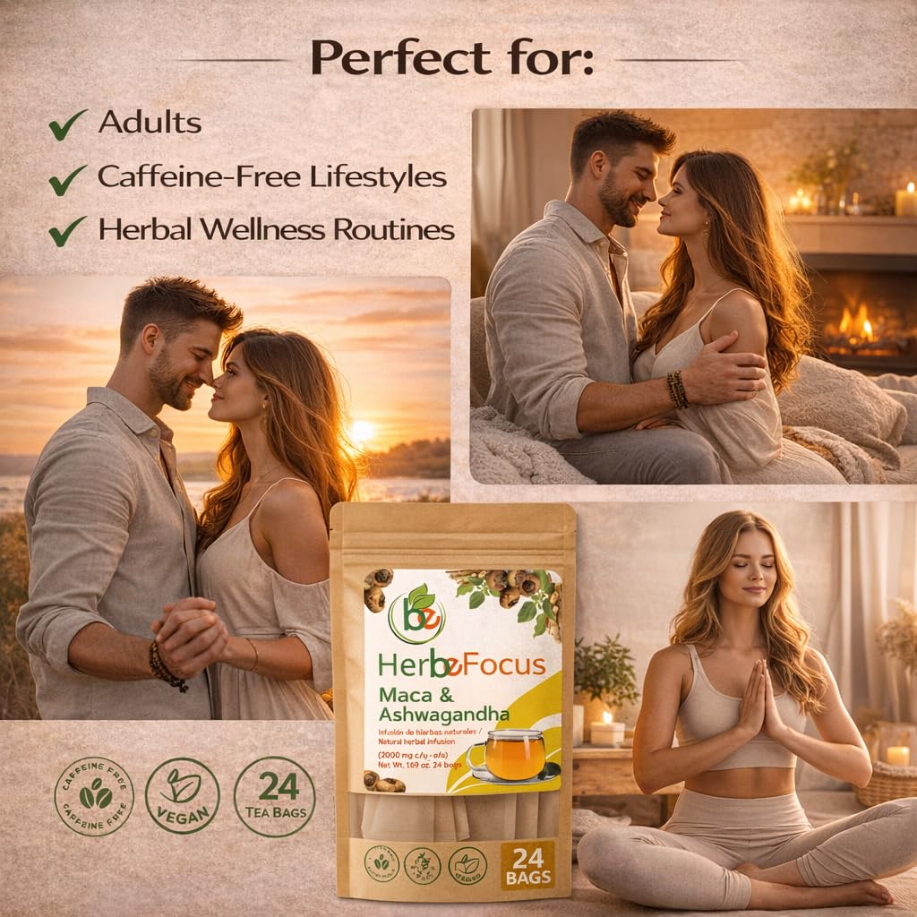 Maca & Ashwagandha Herbal Tea (24 Tea Bags) - 2000mg Each - Traditional Vitality & Balance Blend - 100% Natural, Caffeine-Free, Non-GMO - Authentic