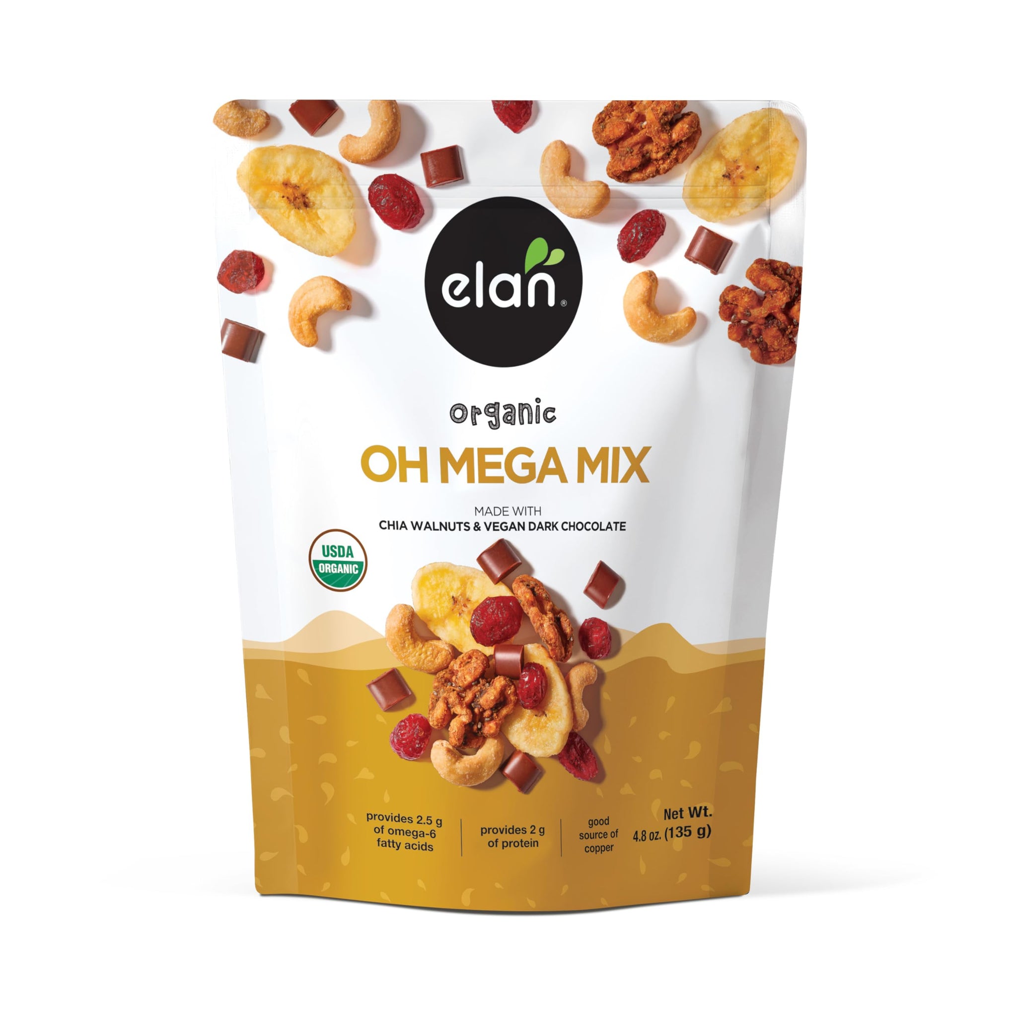 Elan Organic Oh Mega Mix, 4.8 oz, Vegan Dark Chocolate, Dried Fruits (Cranberries & Banana Chips), Nuts (Chia Walnuts & Roasted Cashews), Non-GMO