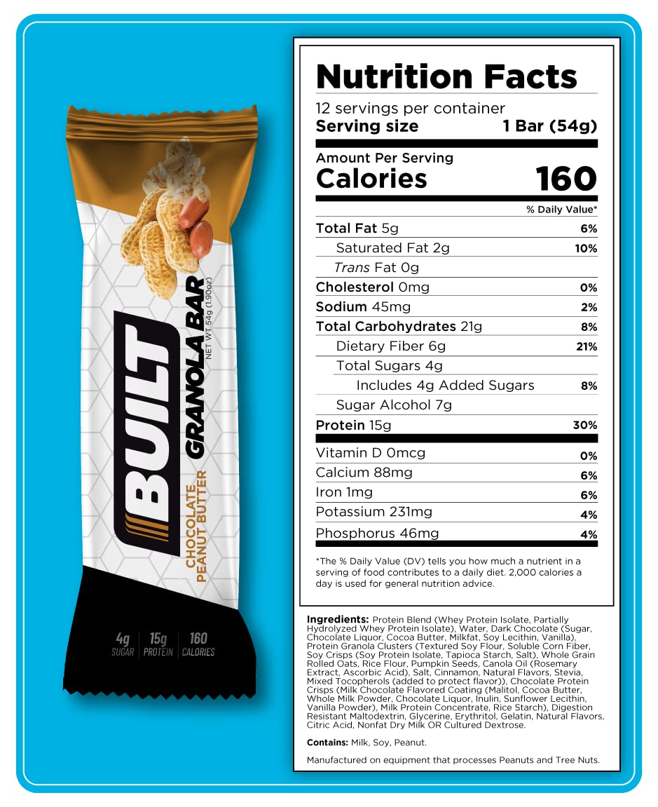 BUILT Protein Granola Bars, Peanut Butter Granola, 12 bars, Protein Snacks, 15g of Protein, Collagen, Chocolate Protein Bar with only 150 calories