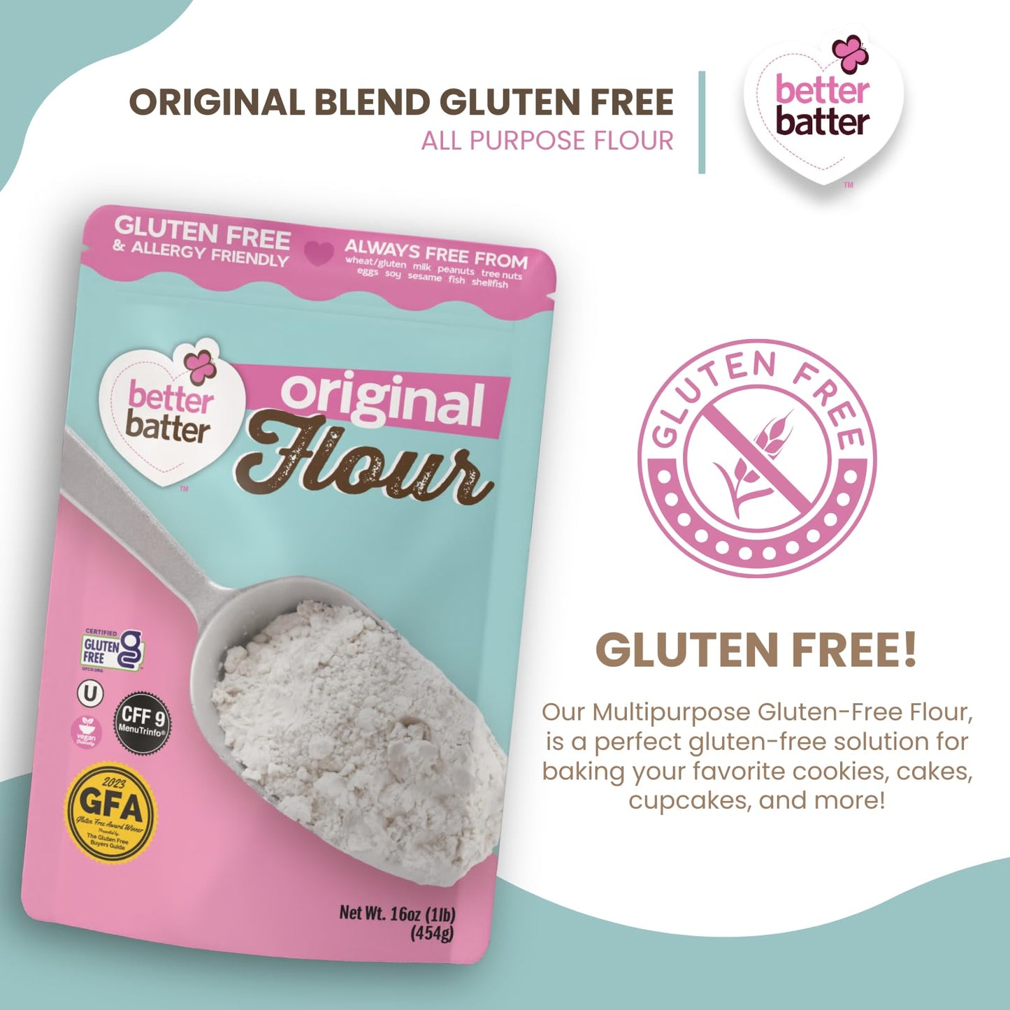 Better Batter Original Blend Multipurpose Certified Gluten-Free Flour, Top 9 Allergen Free, Cup for Cup Baking Alternative to Ordinary Flour 1LB Pouch