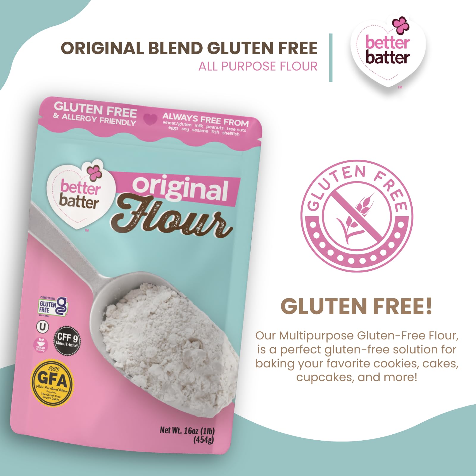 Better Batter Original Blend Multipurpose Certified Gluten-Free Flour, Top 9 Allergen Free, Cup for Cup Baking Alternative to Ordinary Flour 1LB Pouch