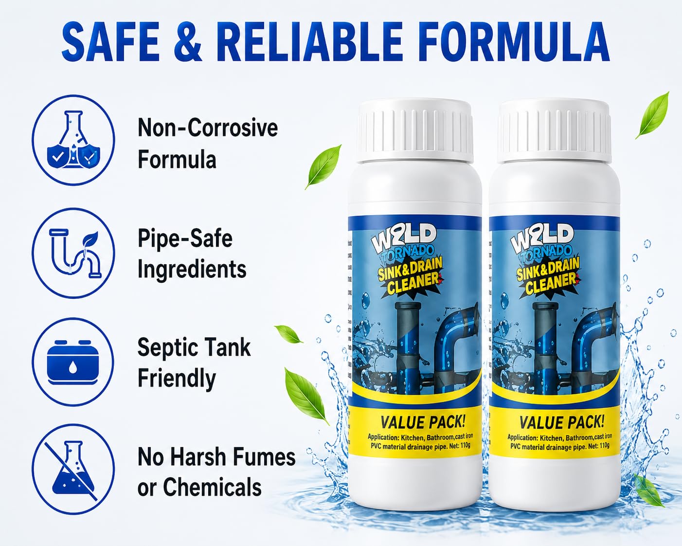 Wild Tornado Home Pipe Dredge Tool, Fast Dissolving Drain Opening Treatment for Clogged Kitchen and Toilet Pipelines