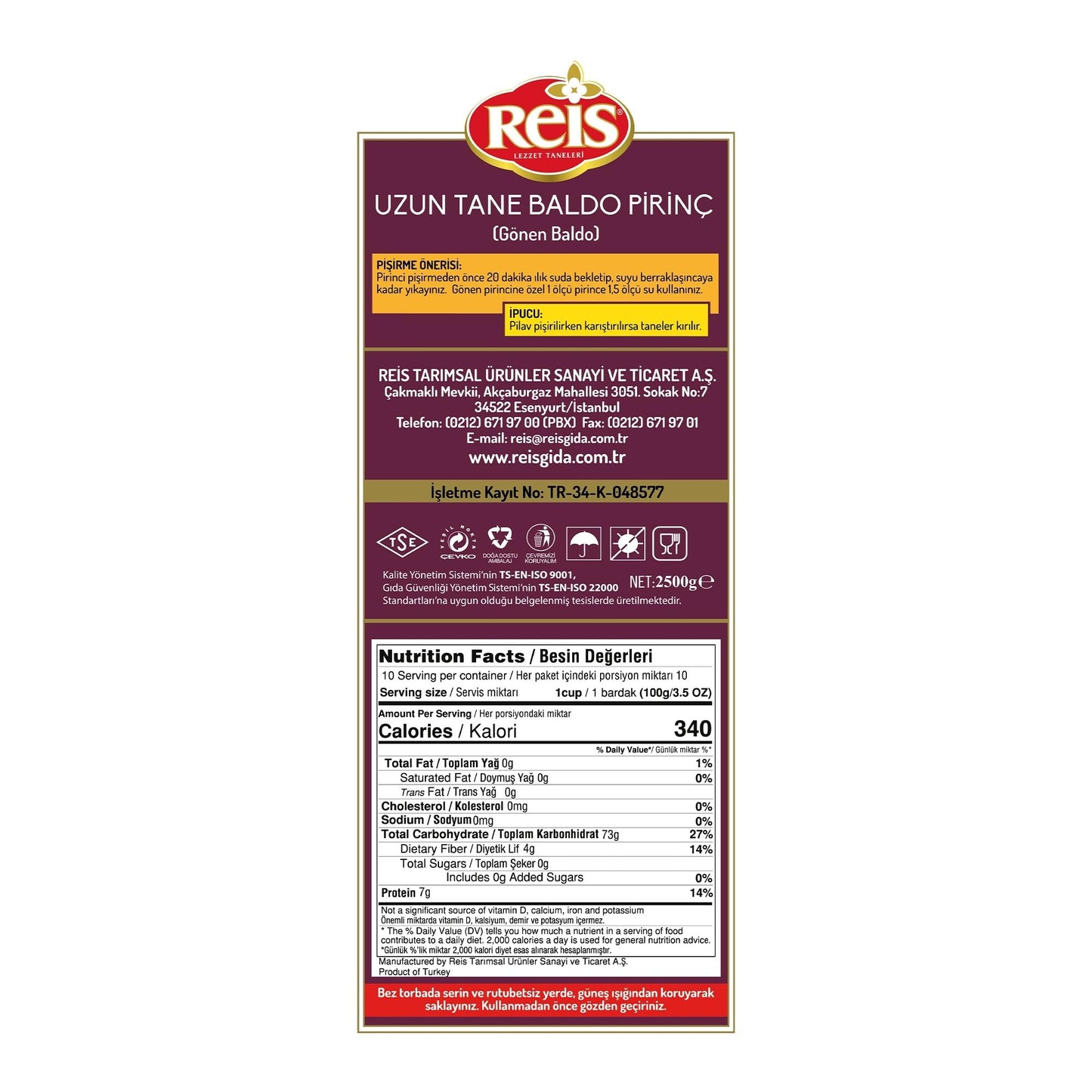 Reis Baldo Rice, Long Grain White Rice, Natural Cereal Bag for Pilafs & Meals, Healthy Pantry Staples, Turkish Grocery Foods, Non-GMO, Bulk, Arroz, Pirinc, Vegan, Halal, 5.5 Lbs (2500g)