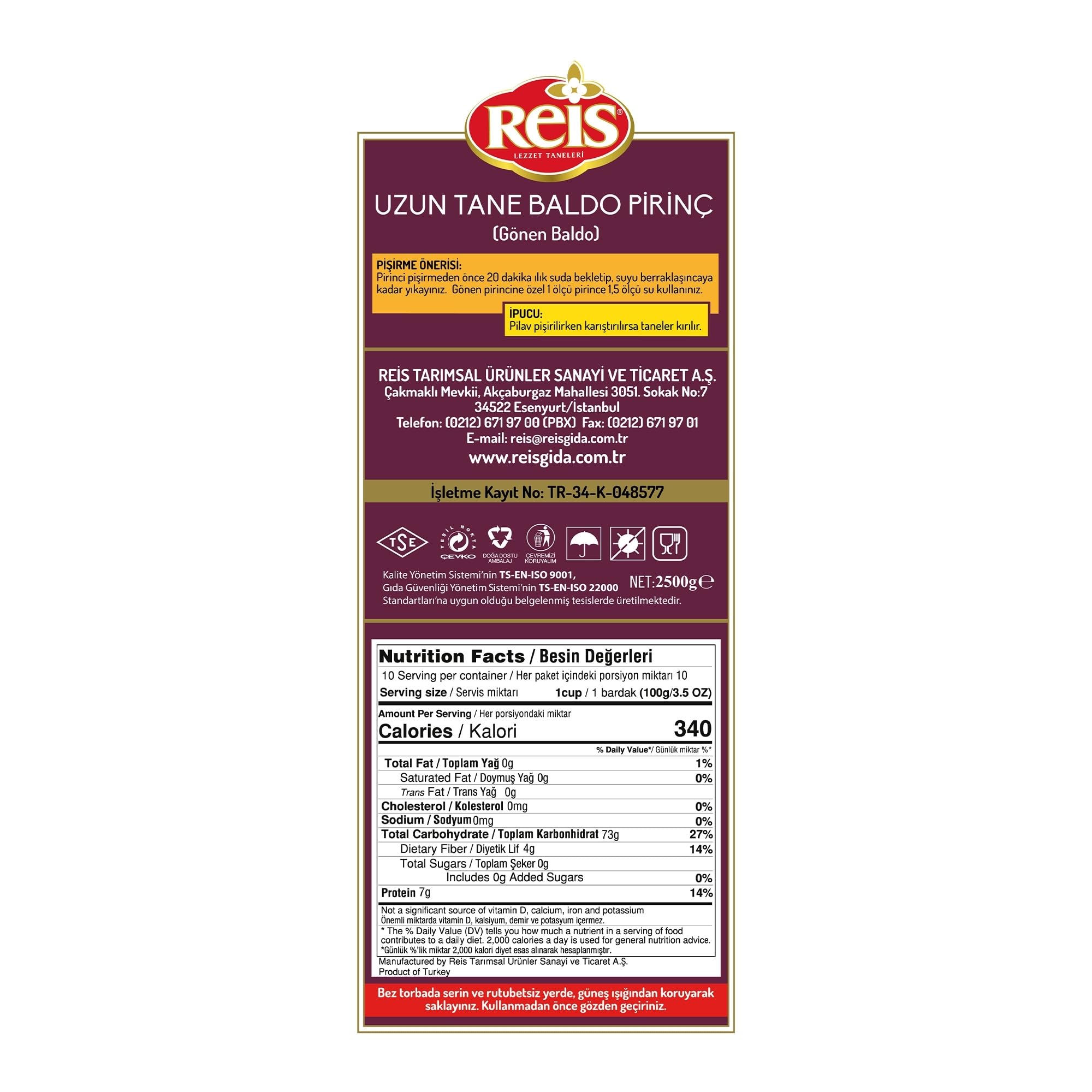Reis Baldo Rice, Long Grain White Rice, Natural Cereal Bag for Pilafs & Meals, Healthy Pantry Staples, Turkish Grocery Foods, Non-GMO, Bulk, Arroz, Pirinc, Vegan, Halal, 5.5 Lbs (2500g)