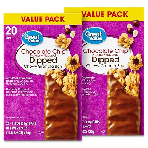 Great Value Chocolate Chip Dipped Chewy Granola Bars, Naturally Flavored, 1.1 oz, 20 Count, Pack of 2, 40 Bars Total