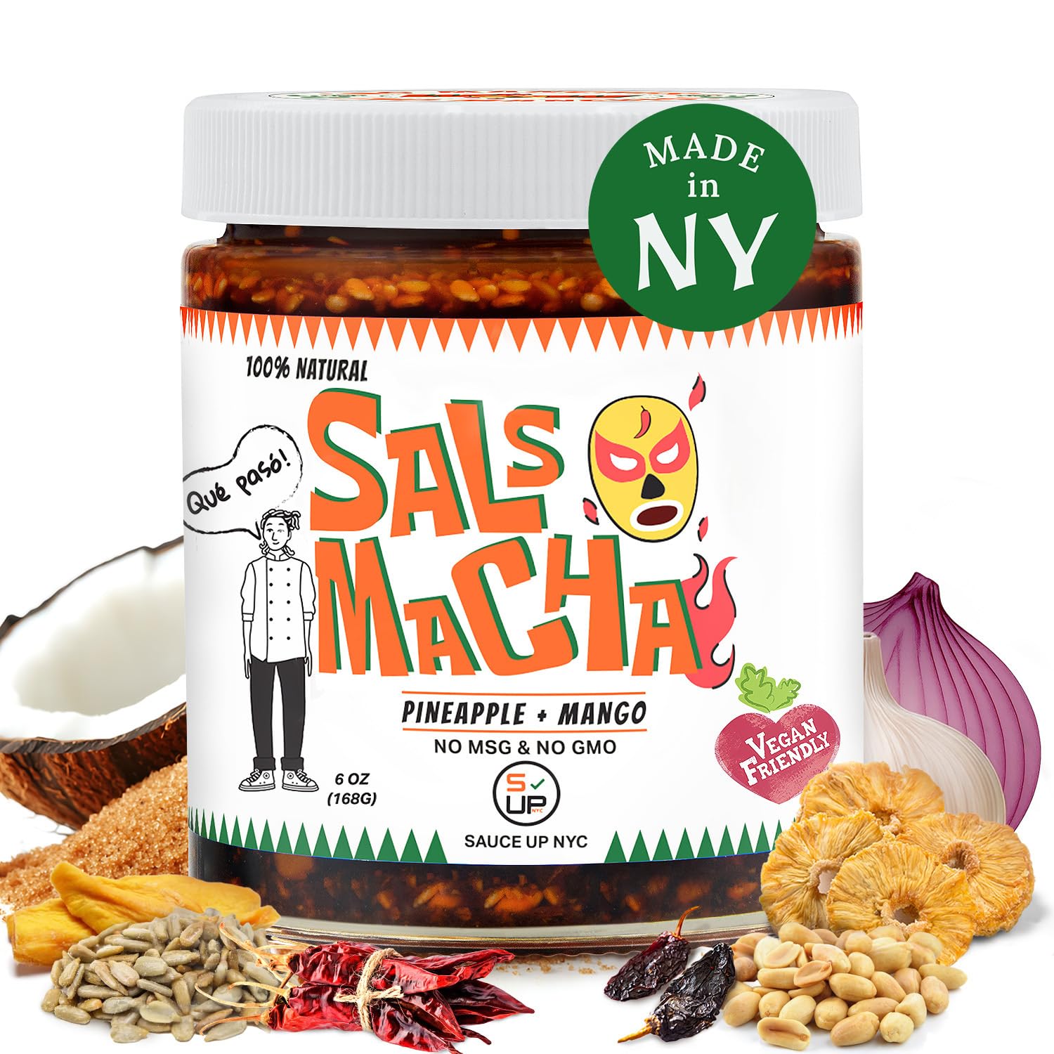 SAUCE UP Pineapple Mango Salsa Macha Chili Oil 6oz | Smoky Mexican Chili Sauce with Nuts and Seeds | Vegan Gluten Free No MSG Keto Friendly | Sweet