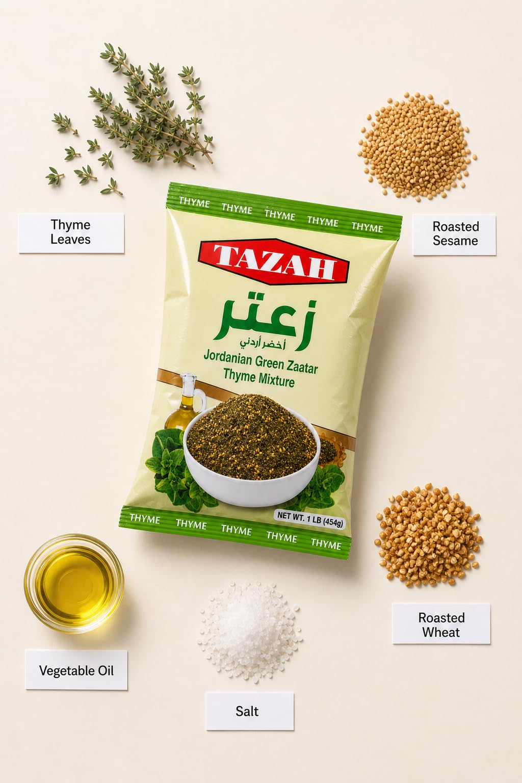 Tazah Zaatar 16oz Jordanian Zatar Spice Blend Green Za'atar Thyme Mixture in Bag