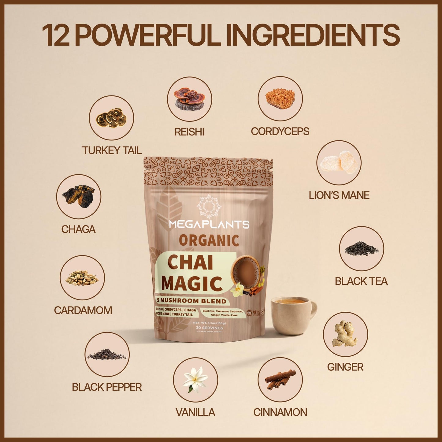 MEGAPLANTS Adaptogenic Mushroom Chai Tea (30 Servings) | No Crash Energy & Focus Blend with Lion’s Mane, Reishi, Turkey Tail, Cordyceps & Chaga |