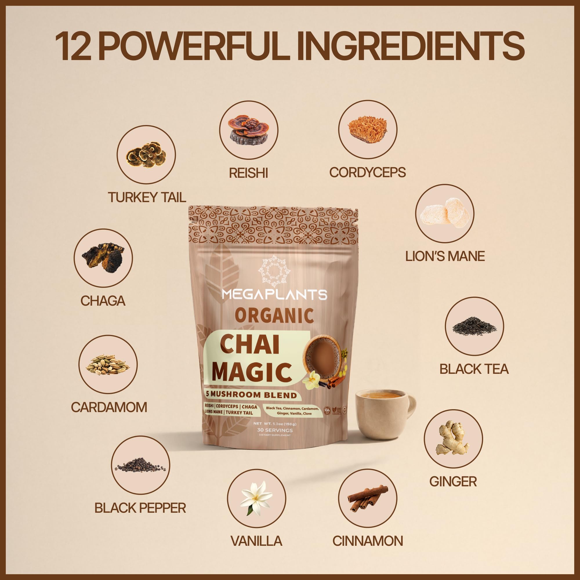 MEGAPLANTS Adaptogenic Mushroom Chai Tea (30 Servings) | No Crash Energy & Focus Blend with Lion’s Mane, Reishi, Turkey Tail, Cordyceps & Chaga |