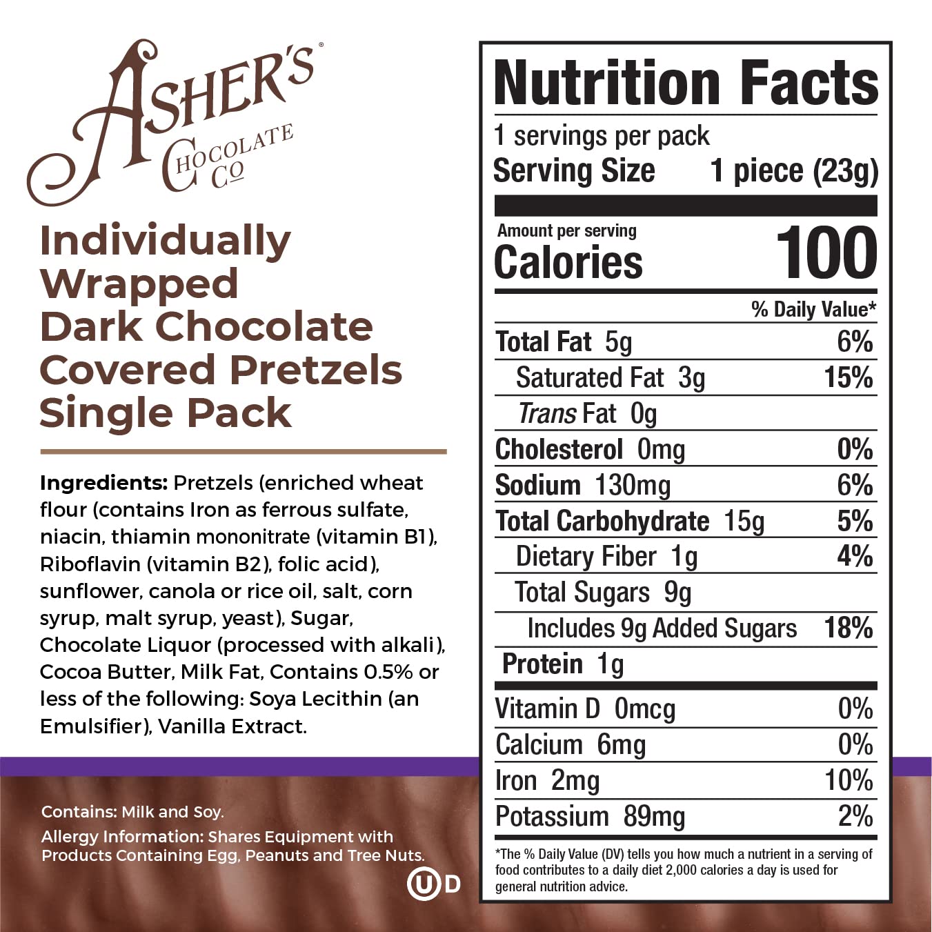 Asher's Chocolates, Chocolate Covered Pretzels, Gourmet Sweet and Salty Candy, Individually Wrapped Snack, Family Owned Since 1892 (18 count, Dark
