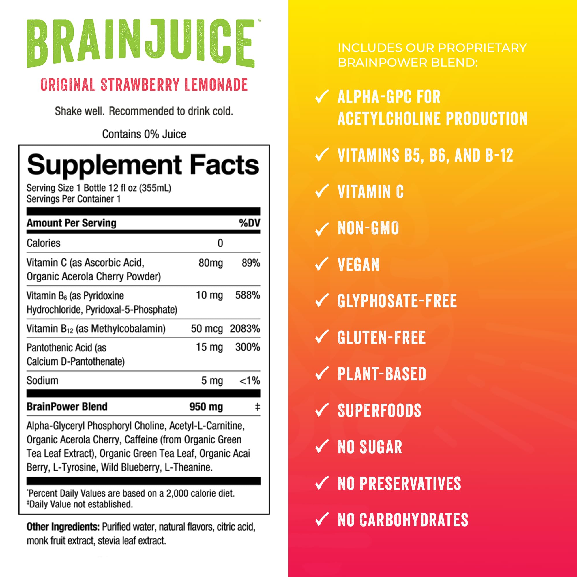 Brainjuice Brain Health Support Drink for Energy & Focus, Vitamin C, B5, B6 & B12, L Theanine, Alpha GPC & Natural Caffeine From Green Tea, Vegan