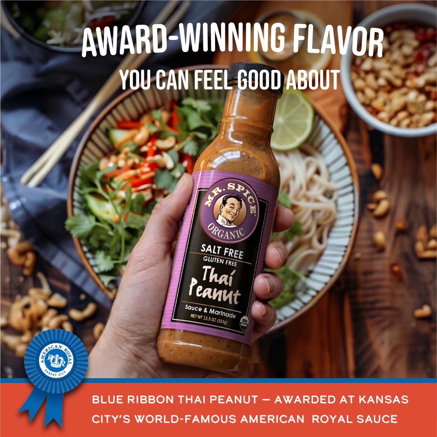 Mr. Spice Organic Thai Peanut Sauce, Salt Free Peanut Sauce & Dressing (0 mg/serving), Gluten Free, Low Sodium Sauces for Marinade, Wok, Air Fryer, No