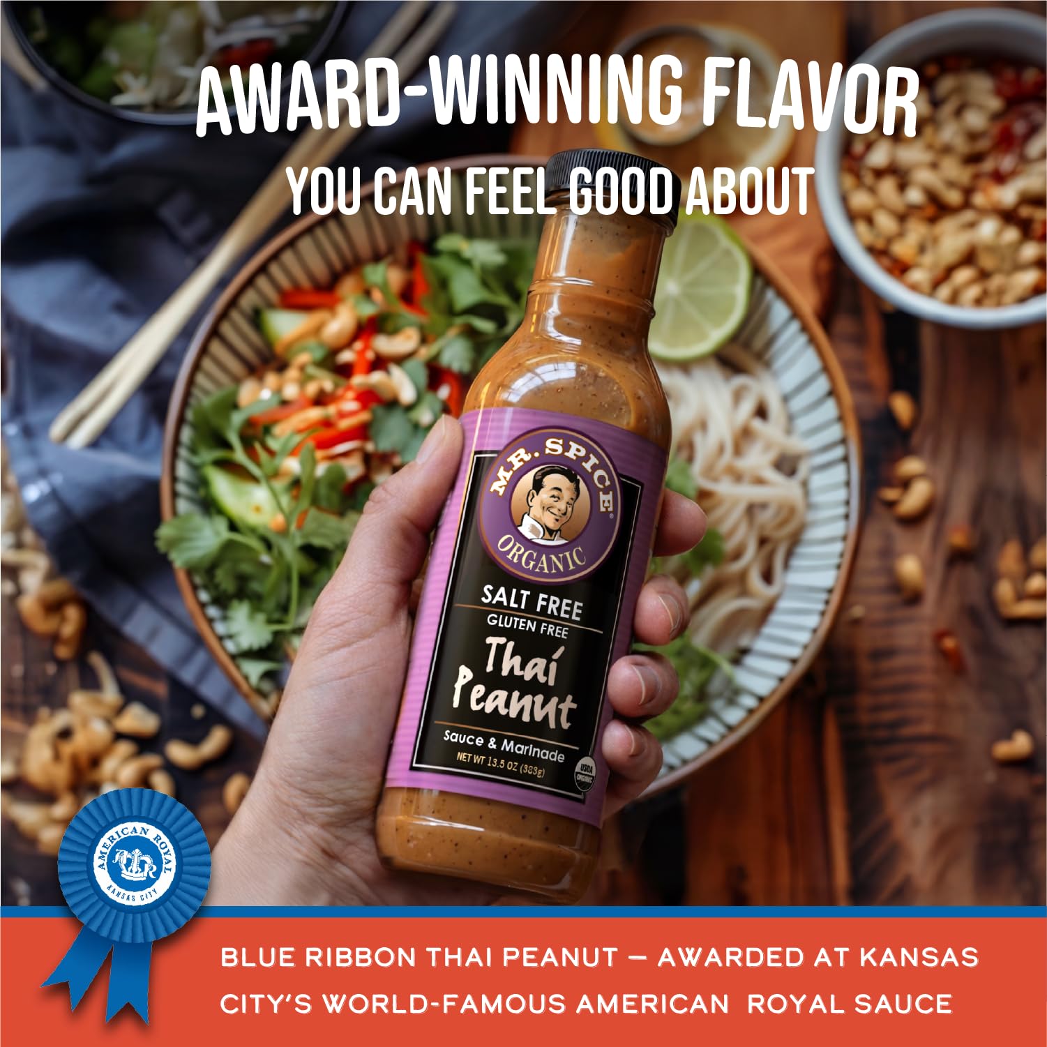 Mr. Spice Organic Thai Peanut Sauce, Salt Free Peanut Sauce & Dressing (0 mg/serving), Gluten Free, Low Sodium Sauces for Marinade, Wok, Air Fryer, No
