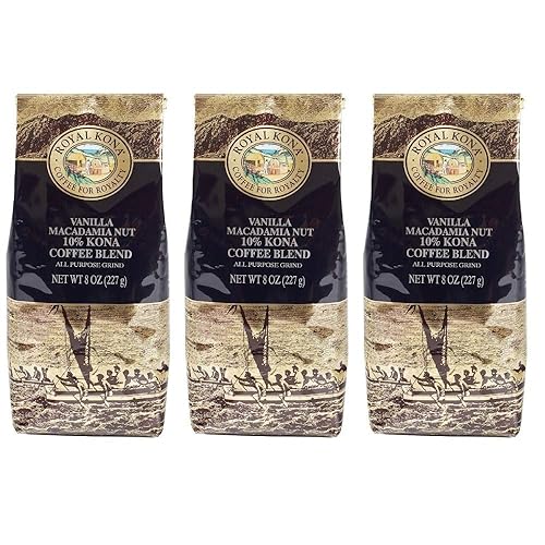 ROYAL KONA COFFEE - Medium Roast Ground Coffee, Vanilla Macadamia Flavor, 8 Ounce (Pack of 3)