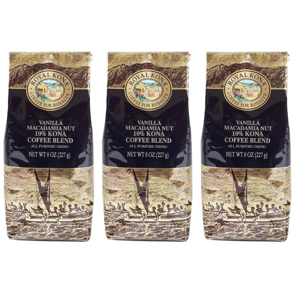 ROYAL KONA COFFEE - Medium Roast Ground Coffee, Vanilla Macadamia Flavor, 8 Ounce (Pack of 3)