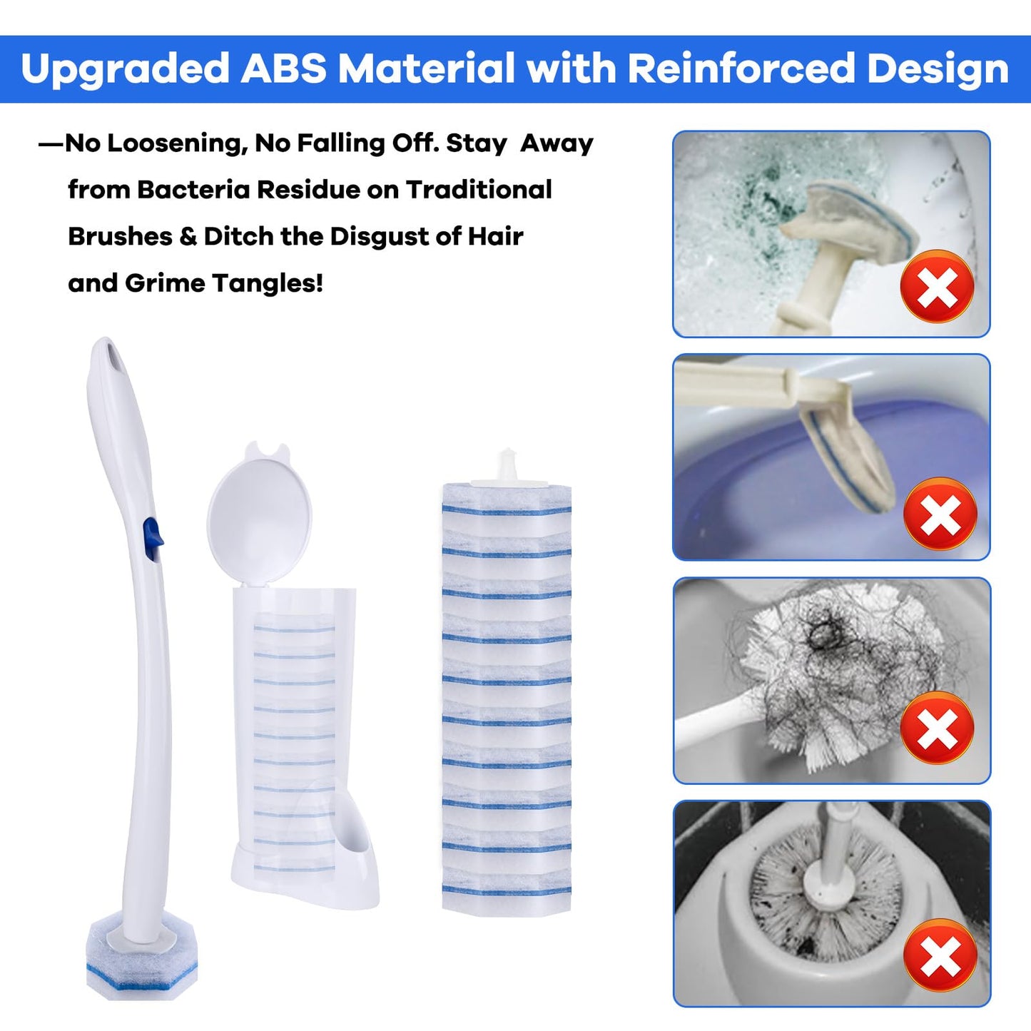 LufamlyGo Upgraded Disposable Toilet Brush and Holder Set, 50 Toilet Wand Refills with Thickened Cleaning Layer, Won't Fall Apart, Large Opening