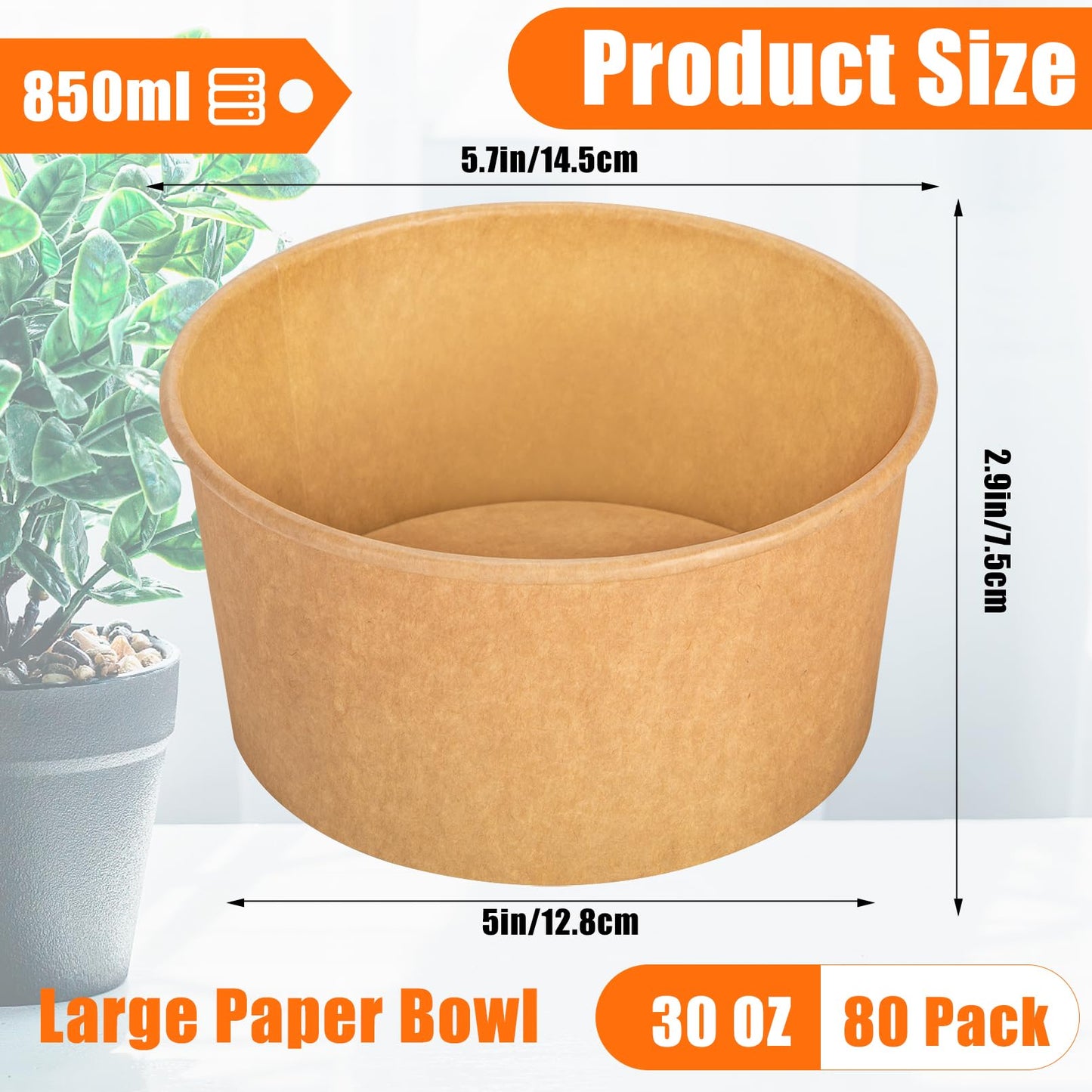 Gabotrie 80 Pack Large Paper Bowls, 30 Oz Kraft Paper Salad Bowl, Disposable Soup Bowls, Round Papers Food Container, Disposable Serving Bowl Bulk