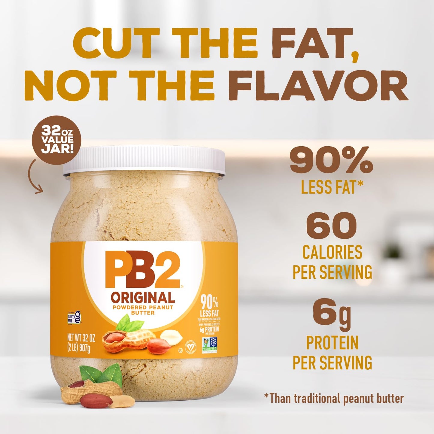 PB2 Original Powdered Peanut Butter - [32 Ounce Jar] 6g of Protein, 90% Less Fat, Certified Gluten Free, Only 60 Calories per Serving, Perfect