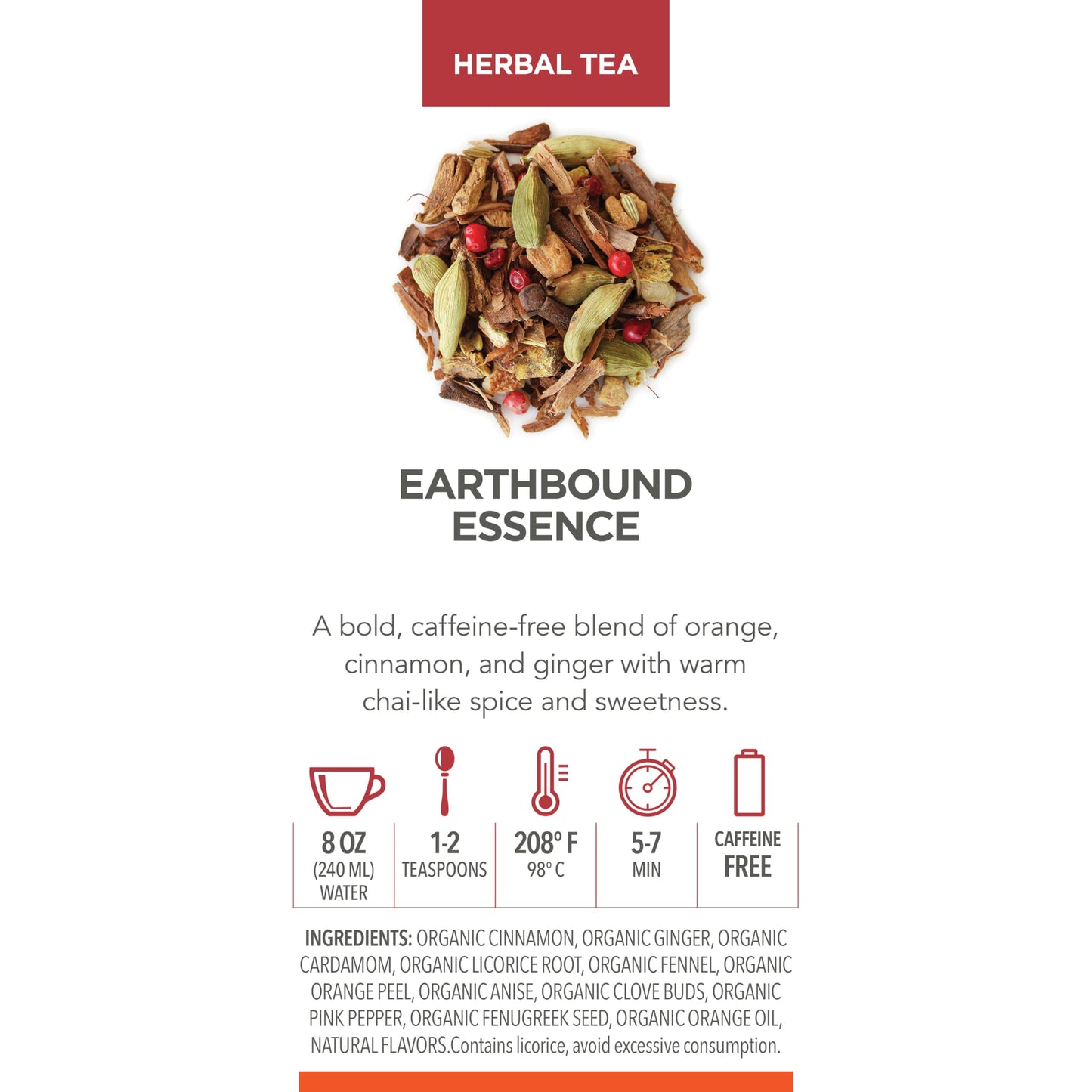 Teabloom Earthbound Essence Loose Leaf Herbal Tea with Orange, Ginger & Chai Spices | Warm Cinnamon & Citrus Blend | Canister Makes 35-50 Cups |