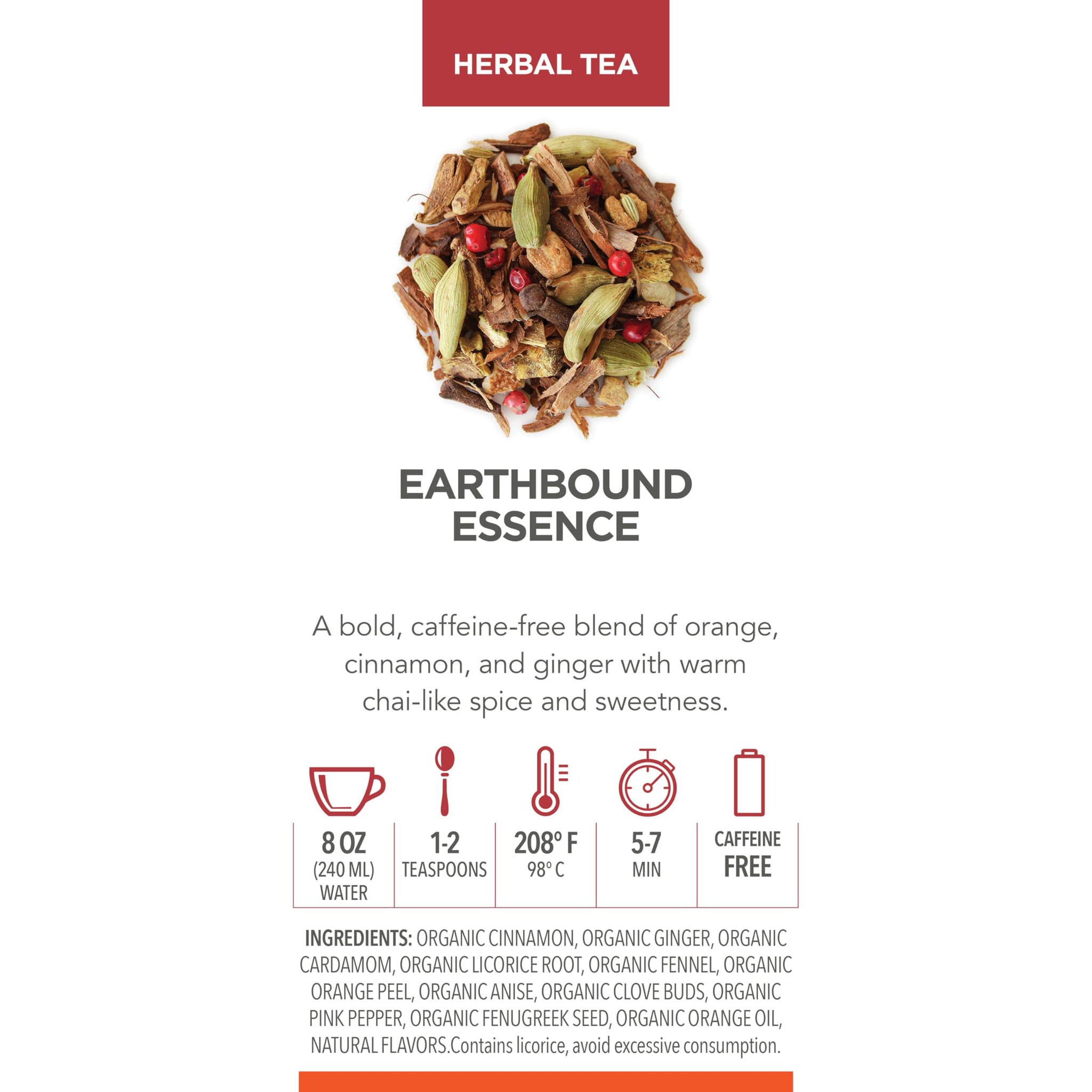 Teabloom Earthbound Essence Loose Leaf Herbal Tea with Orange, Ginger & Chai Spices | Warm Cinnamon & Citrus Blend | Canister Makes 35-50 Cups |