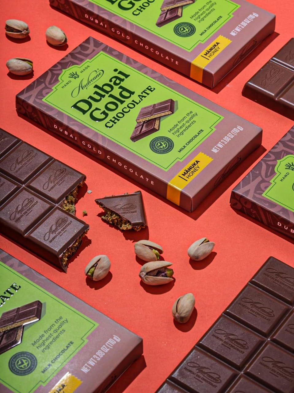 Andreano Dubai Gold Milk Chocolate Bar with Pistachio & Crispy Kataifi - Belgian Chocolate & Manuka Honey | Freshly Made in California - 110g