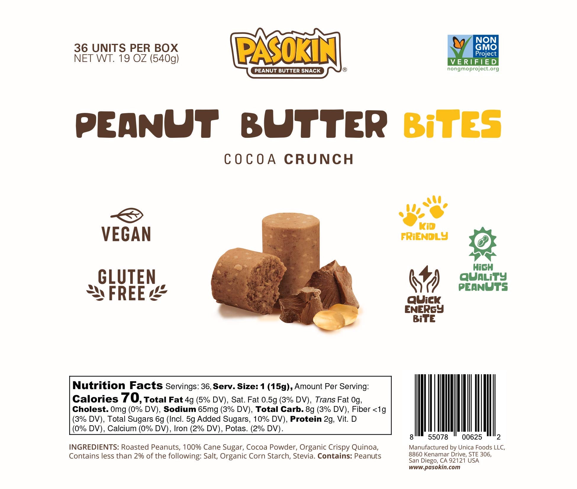 PASOKIN | Cocoa Crunch Natural Peanut Butter Bites | Gluten Free, Vegan, Protein Snack | Crunchy and Creamy | Chocolate Pacoca Made in USA, 6 Boxes