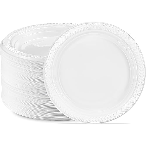 Cuisine White Round Plastic Plates - 6" (Pack of 100) - Durable & Microwave Safe Material - Perfect for Parties, Weddings, and Everyday Use