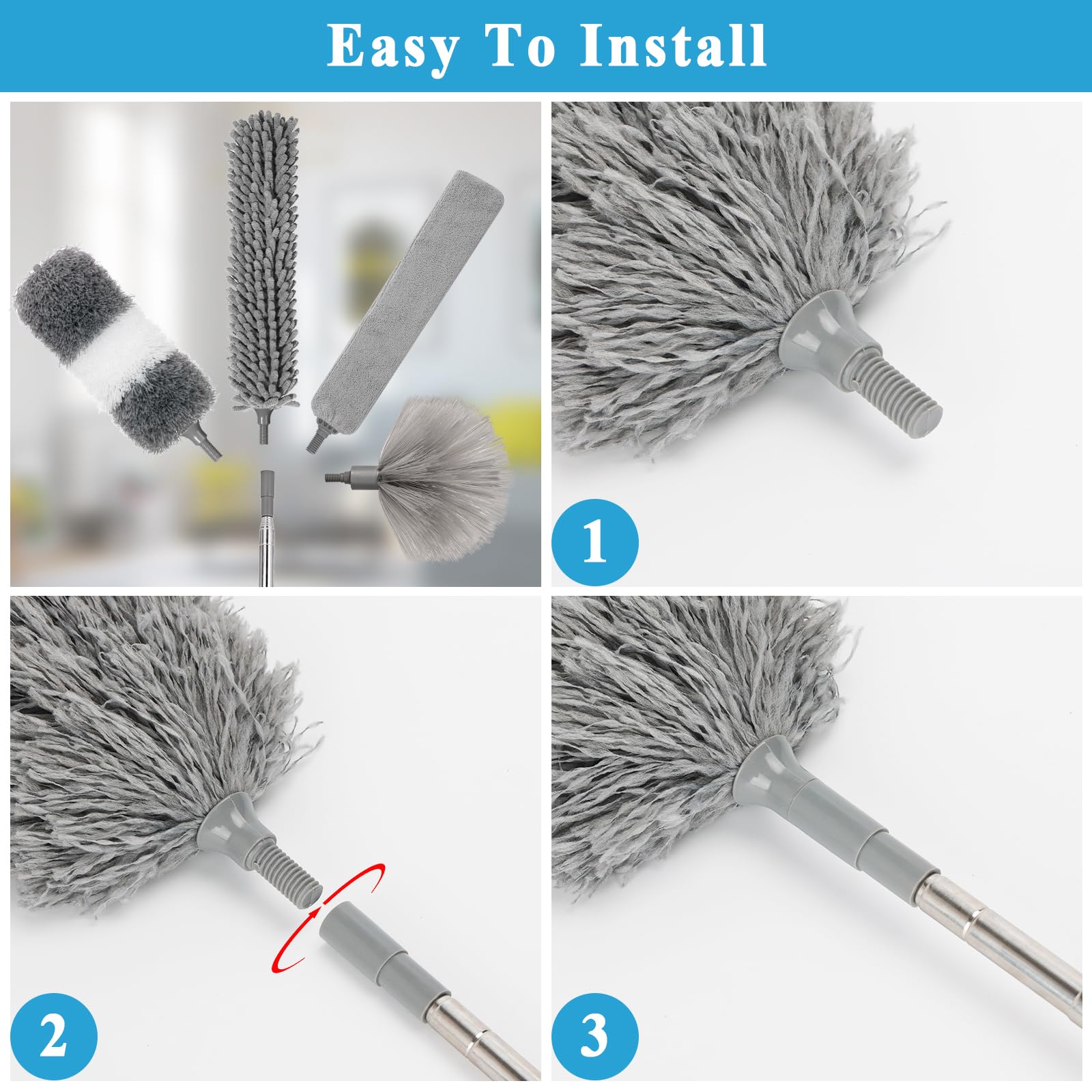 HLWDFLZ Microfiber Duster Kit 25pcs with 30 to 100 Inches Extension Pole and Baseboard Cleaner Tool, Washable and Bendable Feather Duster for Cleaning