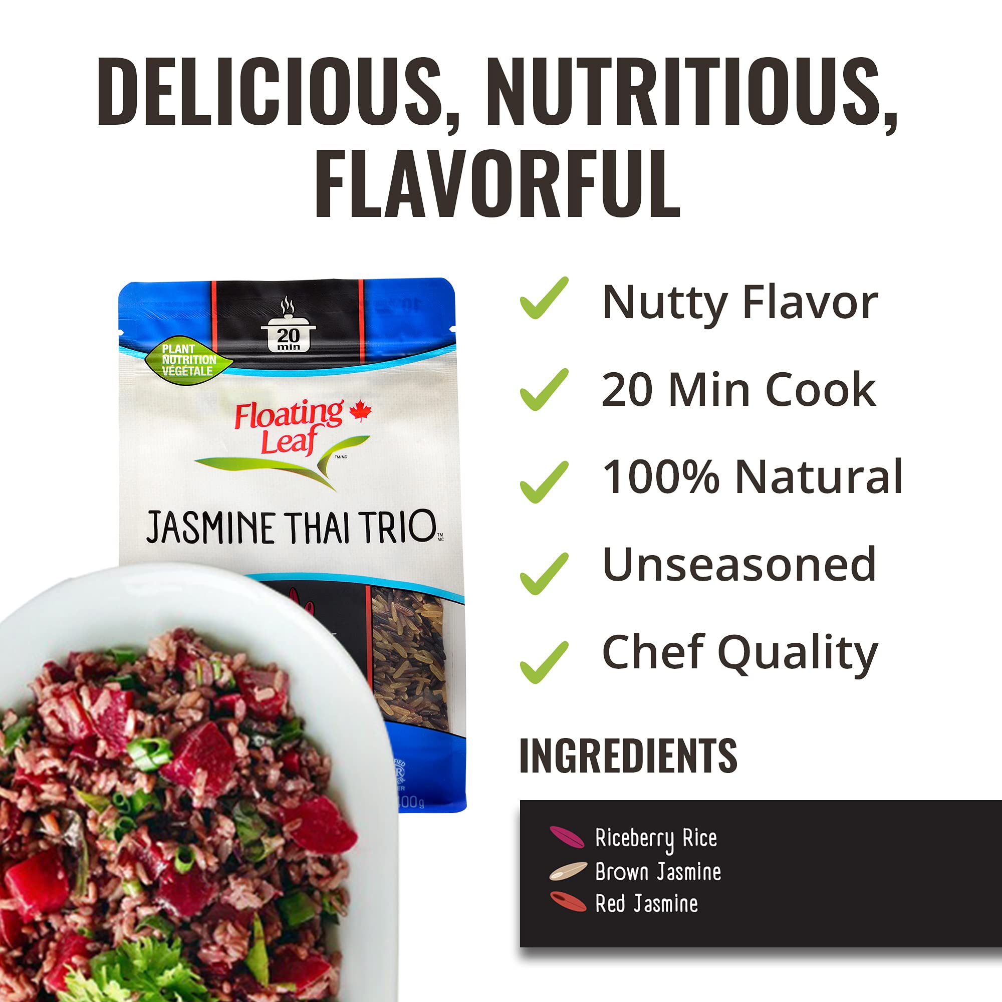 Floating Leaf Wild Rice Blend - Non-GMO & Gluten free Organic Rice| Jasmine Thai Rice Trio blended with Riceberry Rice, Brown Rice & Red Rice (Pack of 1) 14 oz | Vegan & Kosher Wild Rice Blend