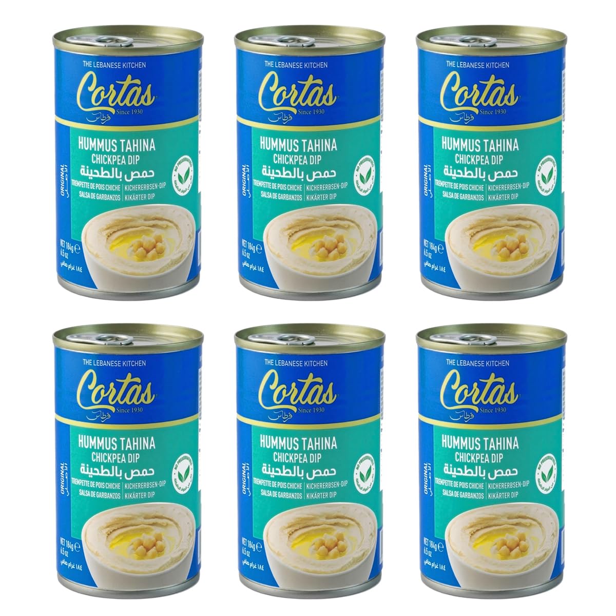 Cortas - Hummus Tahini, Chickpea Dip, 6.5 oz / 185g (Pack of 6), Single Serve Easy Open Can