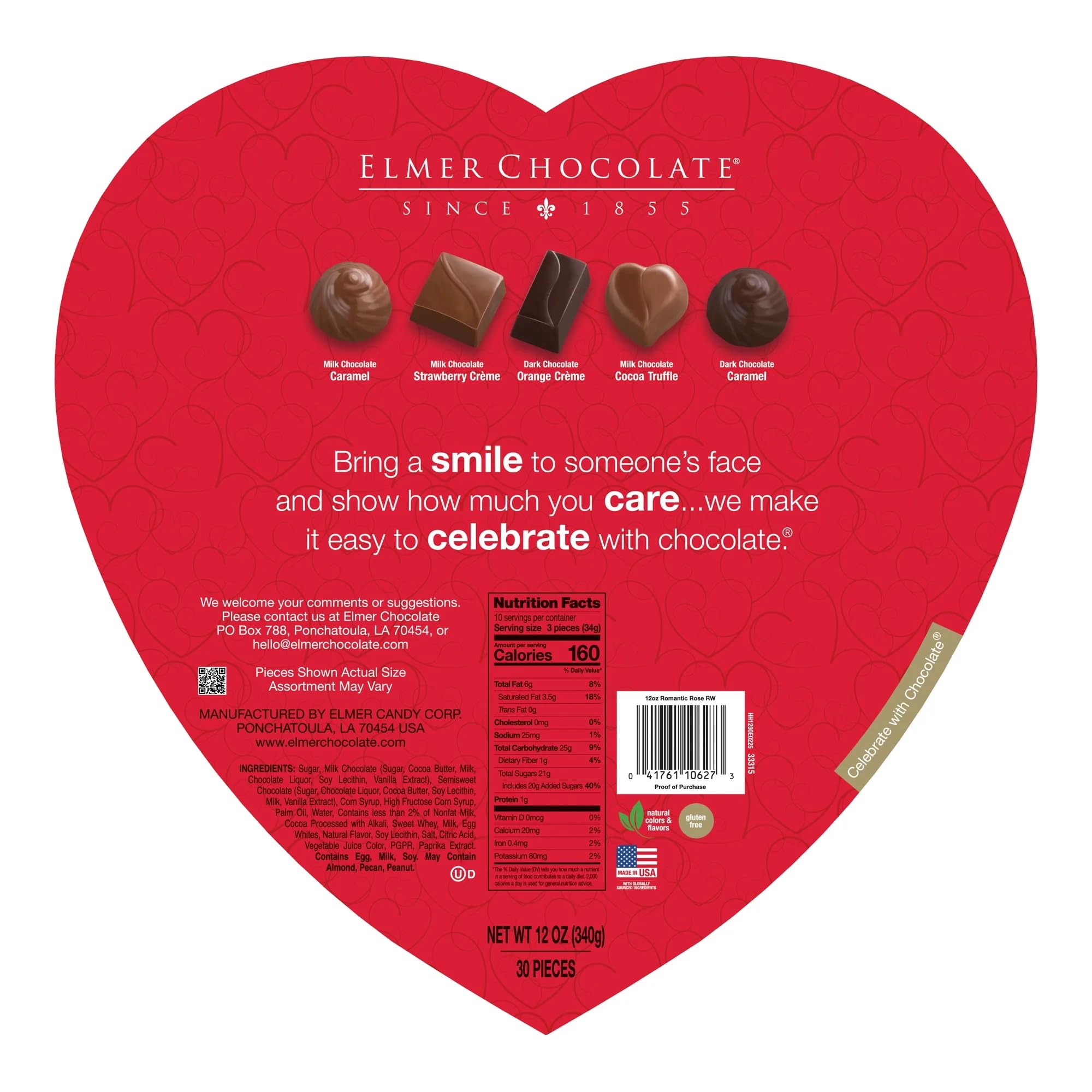 Elmer Chocolate Red Rose Wrap Heart Shaped Box - 12 oz - 30 Pieces - Perfect for Valentine's Day and Giving to that Special Someone