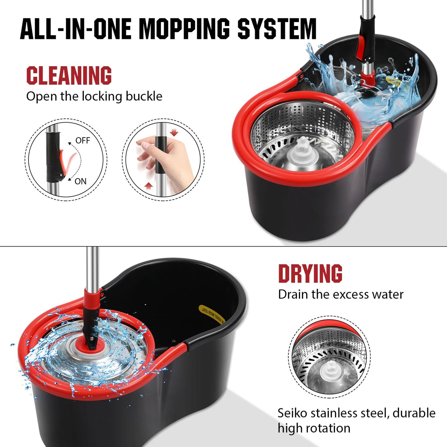 Spin Mop and Bucket with Wringer Set, 360° Spinning Mop Bucket System with 3 Microfiber Mop Replacement Heads and 51" Stainless Steel Adjustable