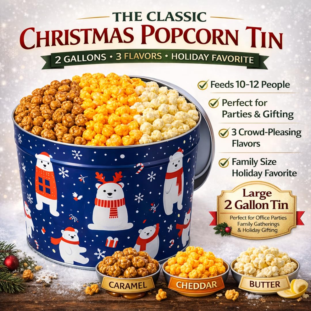 2 Gallon Christmas Popcorn Tin - 3 Flavor Gourmet Holiday Gift Basket - Caramel, Cheddar Cheese & Butter Popcorn - Large Festive Snack Gift